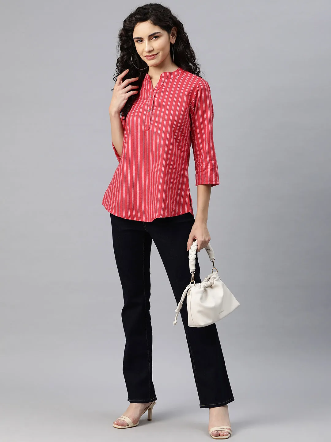 Cottinfab Women Striped Mandarin Collared Cotton Top