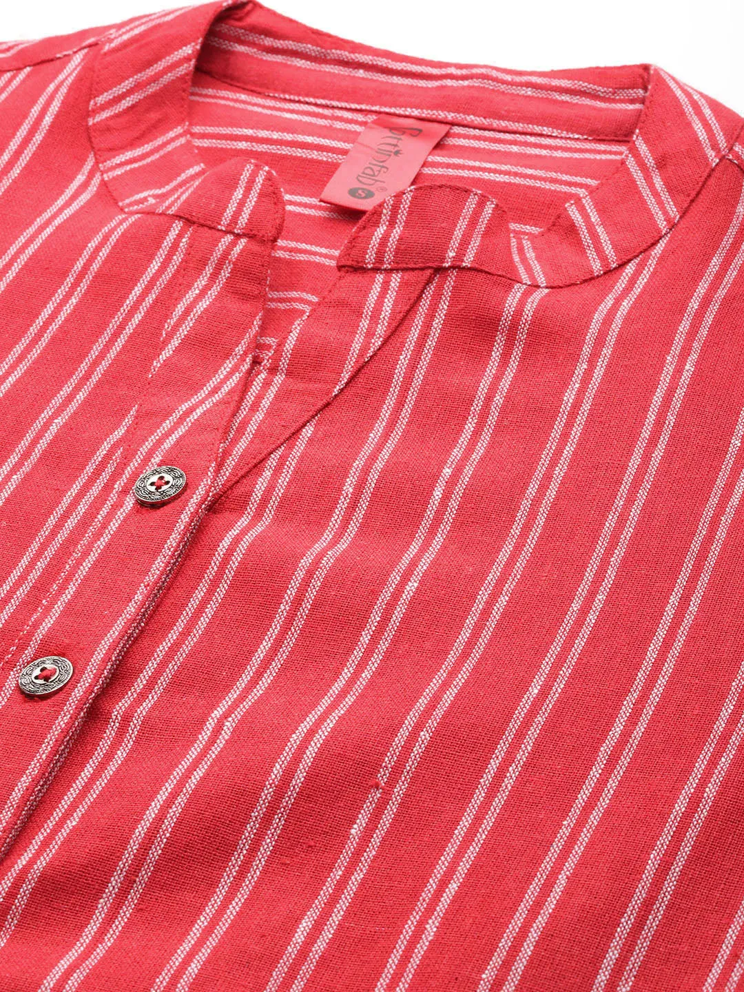 Cottinfab Women Striped Mandarin Collared Cotton Top