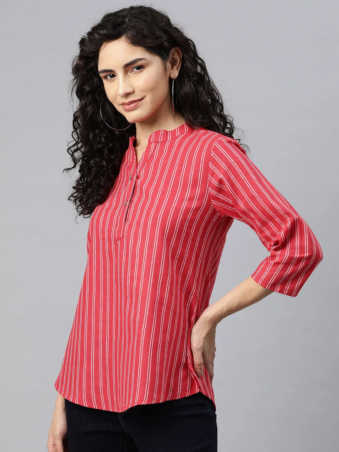 Cottinfab Women Striped Mandarin Collared Cotton Top