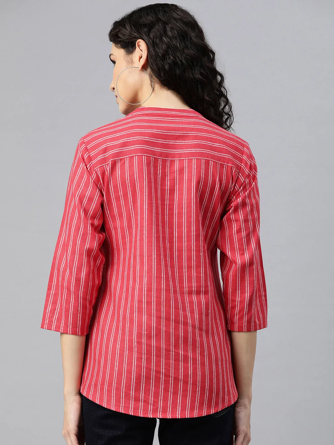 Cottinfab Women Striped Mandarin Collared Cotton Top
