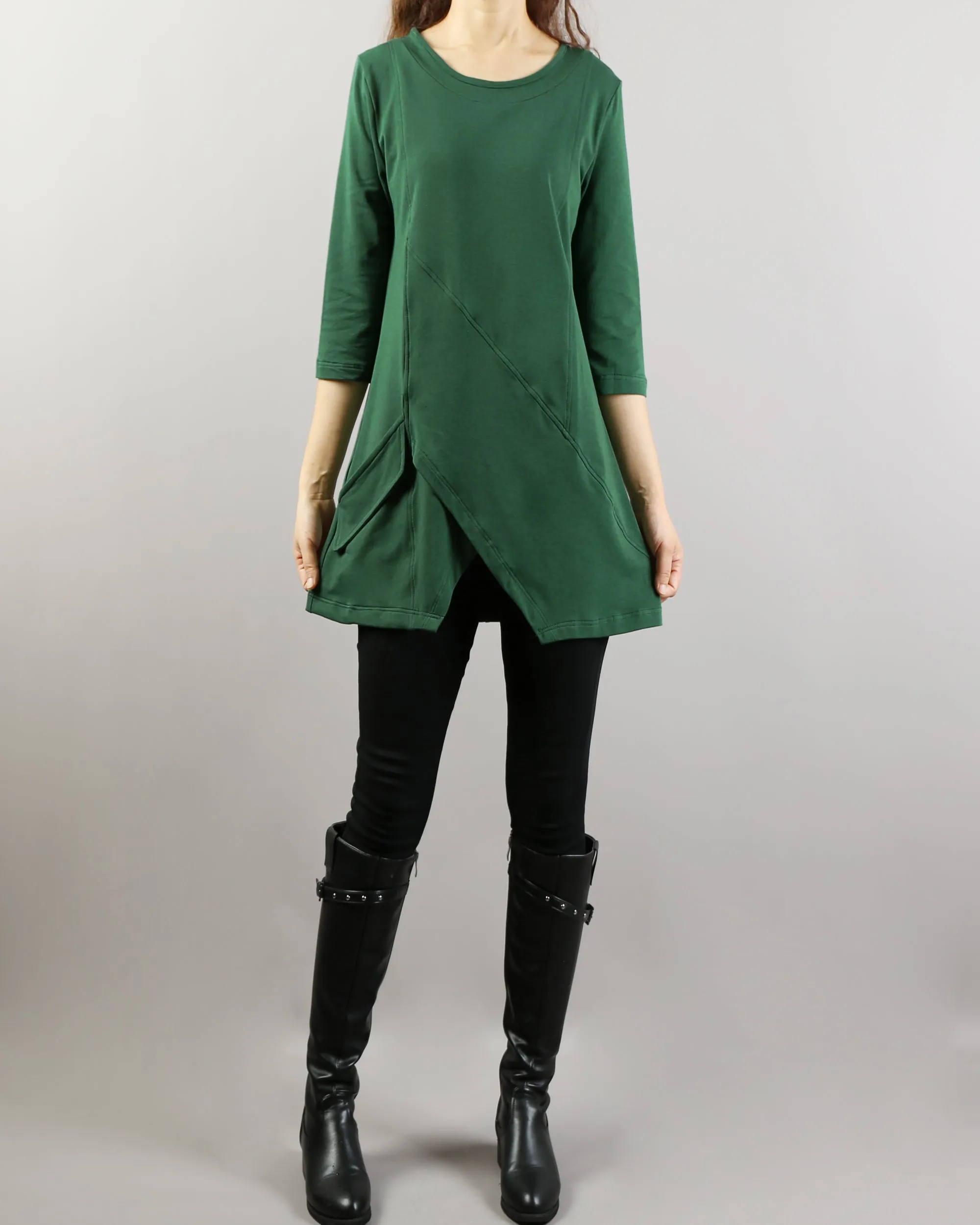 Cotton tops, 3/4 sleeve cotton tunic top, Boho tunic tops, casual loose t-shirt, women's dark blue long tops(Y2008)
