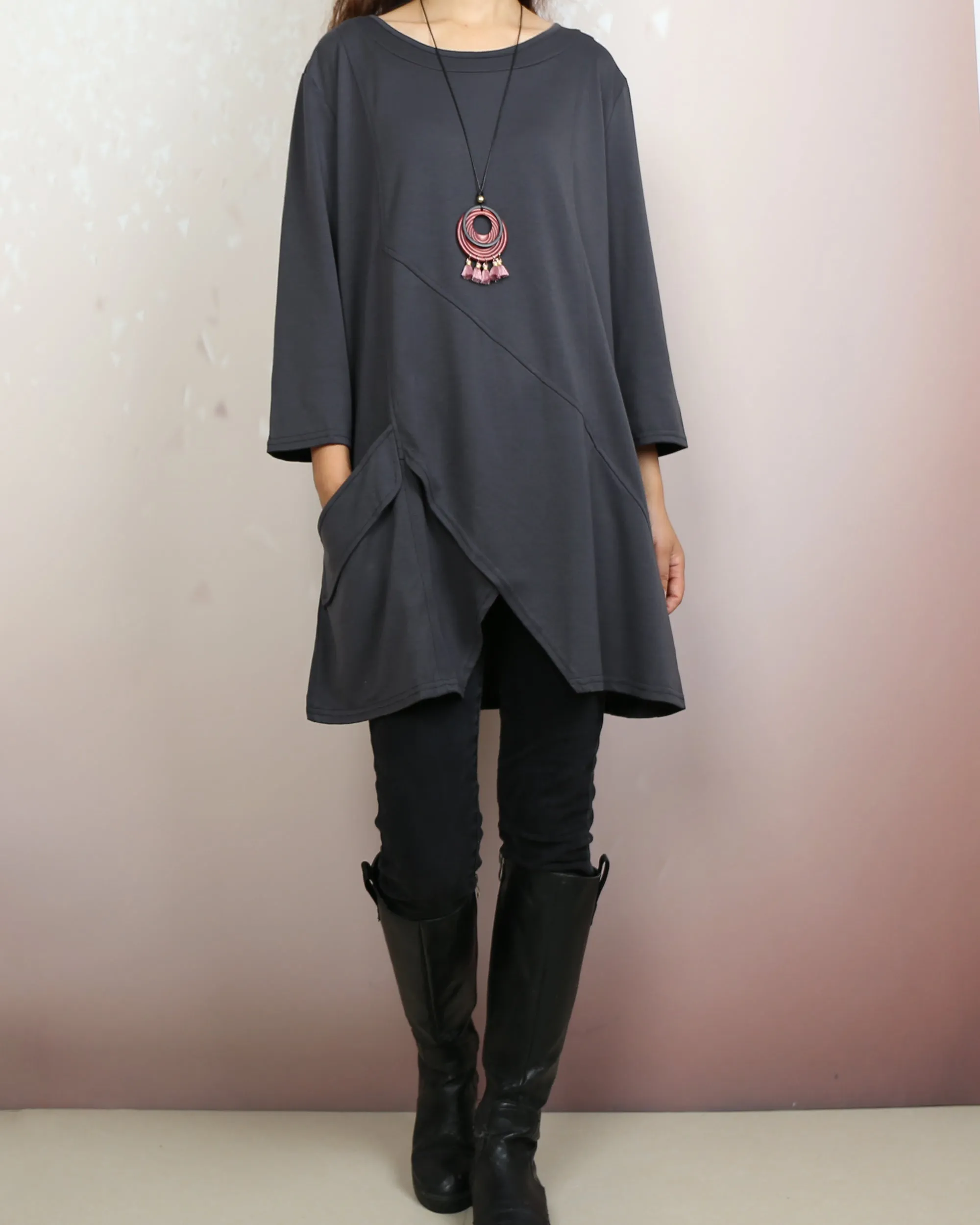 Cotton tops, 3/4 sleeve cotton tunic top, Boho tunic tops, casual loose t-shirt, women's dark blue long tops(Y2008)