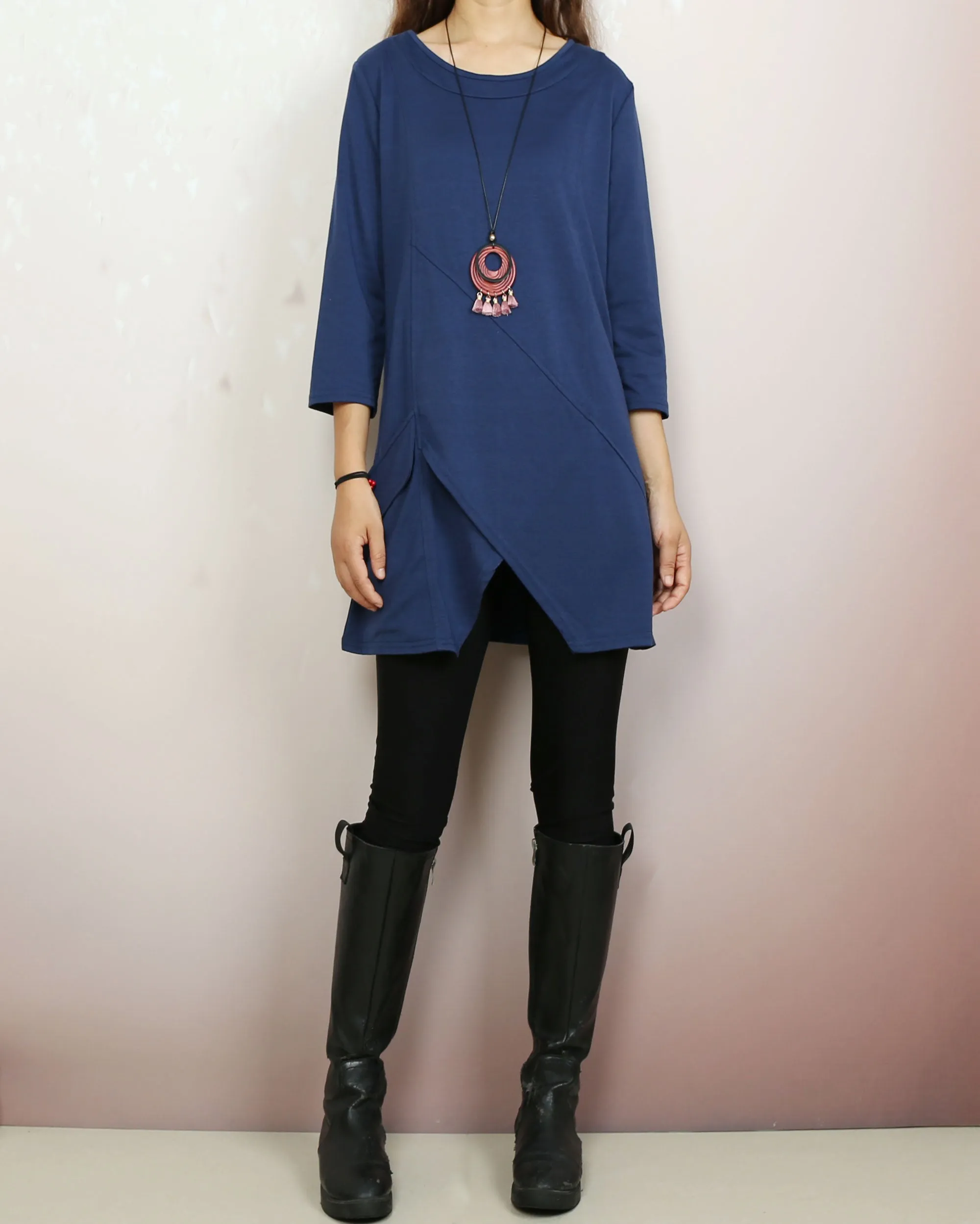Cotton tops, 3/4 sleeve cotton tunic top, Boho tunic tops, casual loose t-shirt, women's dark blue long tops(Y2008)