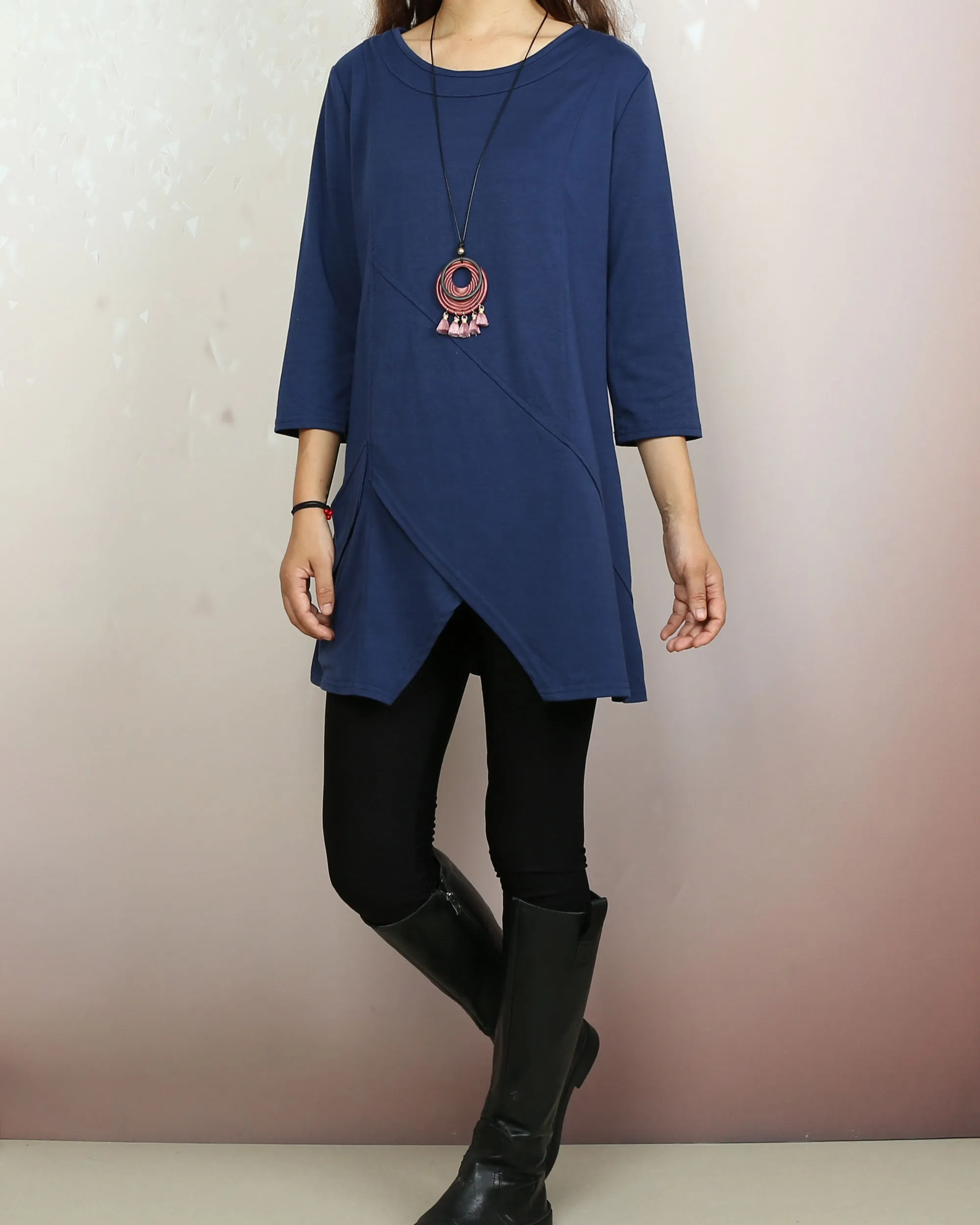 Cotton tops, 3/4 sleeve cotton tunic top, Boho tunic tops, casual loose t-shirt, women's dark blue long tops(Y2008)