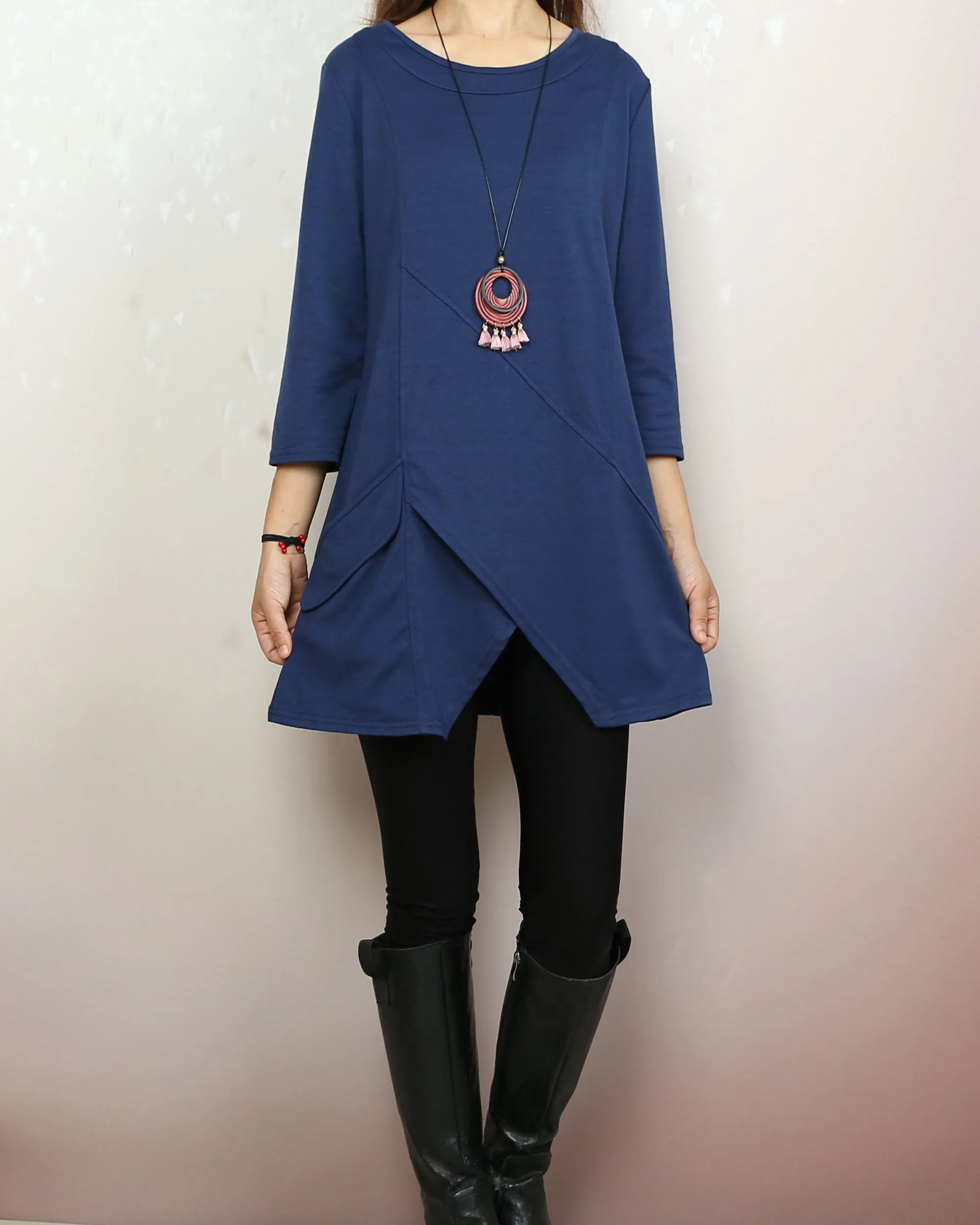 Cotton tops, 3/4 sleeve cotton tunic top, Boho tunic tops, casual loose t-shirt, women's dark blue long tops(Y2008)