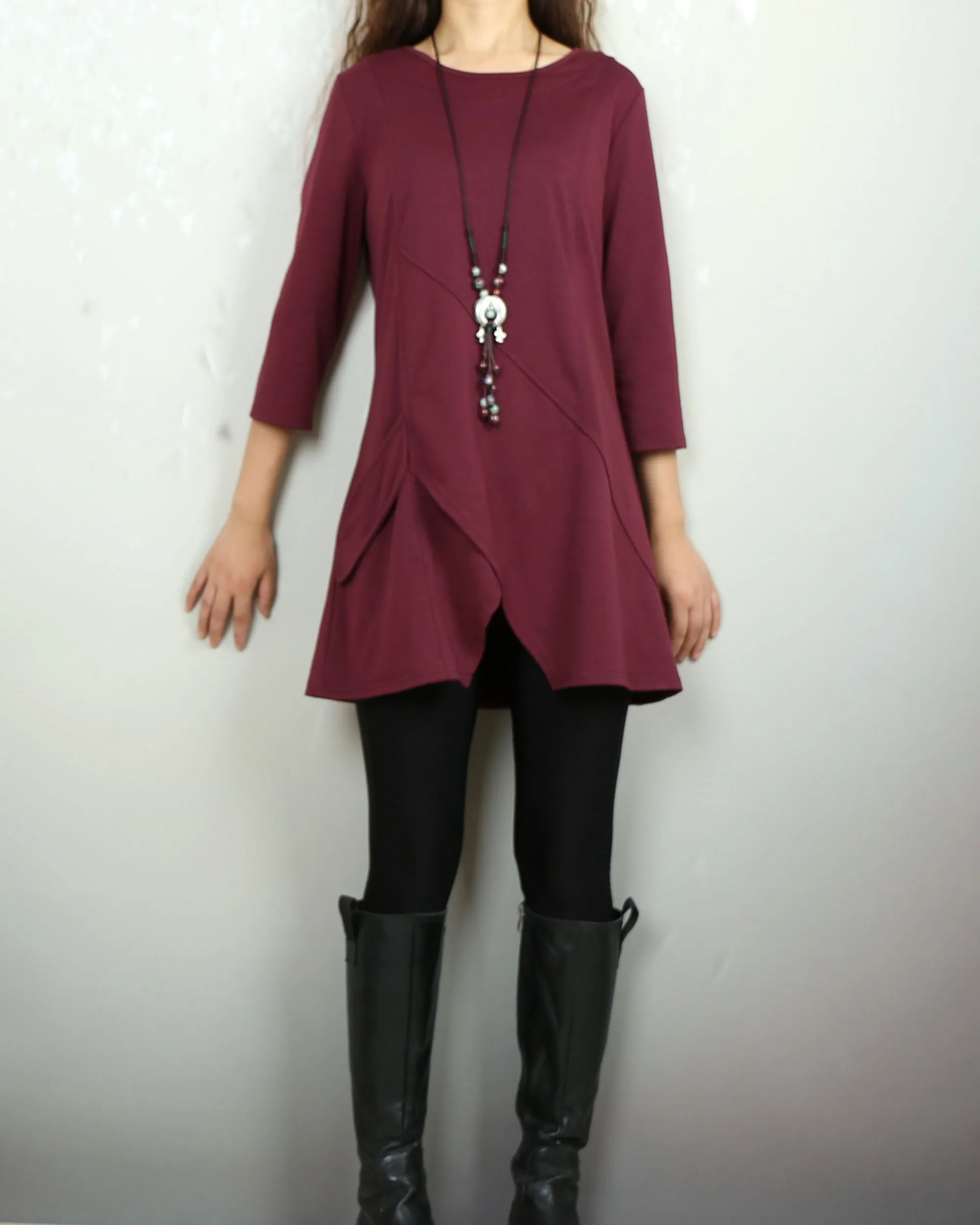 Cotton tops, 3/4 sleeve cotton tunic top, Boho tunic tops, casual loose t-shirt, women's dark blue long tops(Y2008)