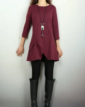 Cotton tops, 3/4 sleeve cotton tunic top, Boho tunic tops, casual loose t-shirt, women's dark blue long tops(Y2008)
