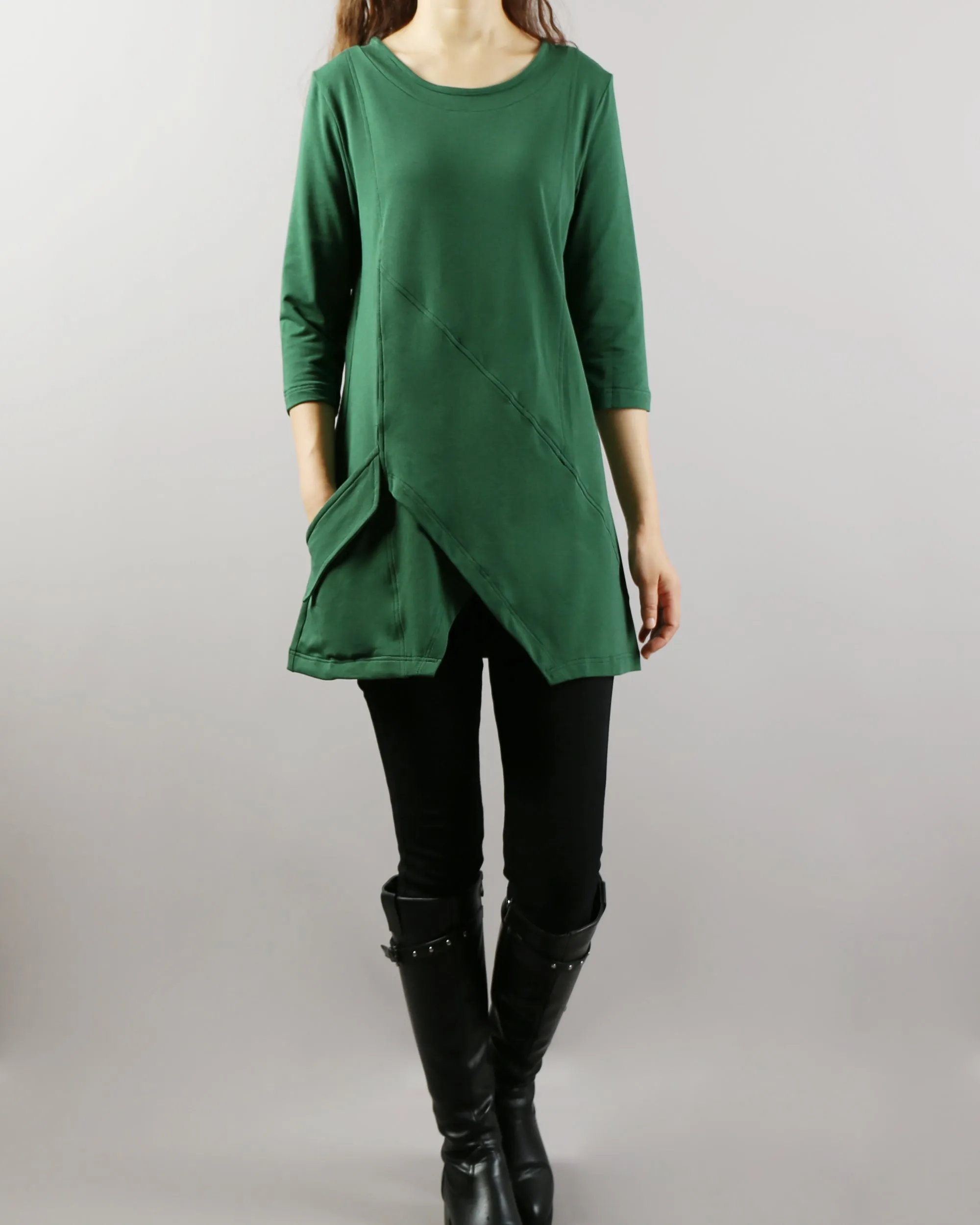 Cotton tops, 3/4 sleeve cotton tunic top, Boho tunic tops, casual loose t-shirt, women's dark blue long tops(Y2008)