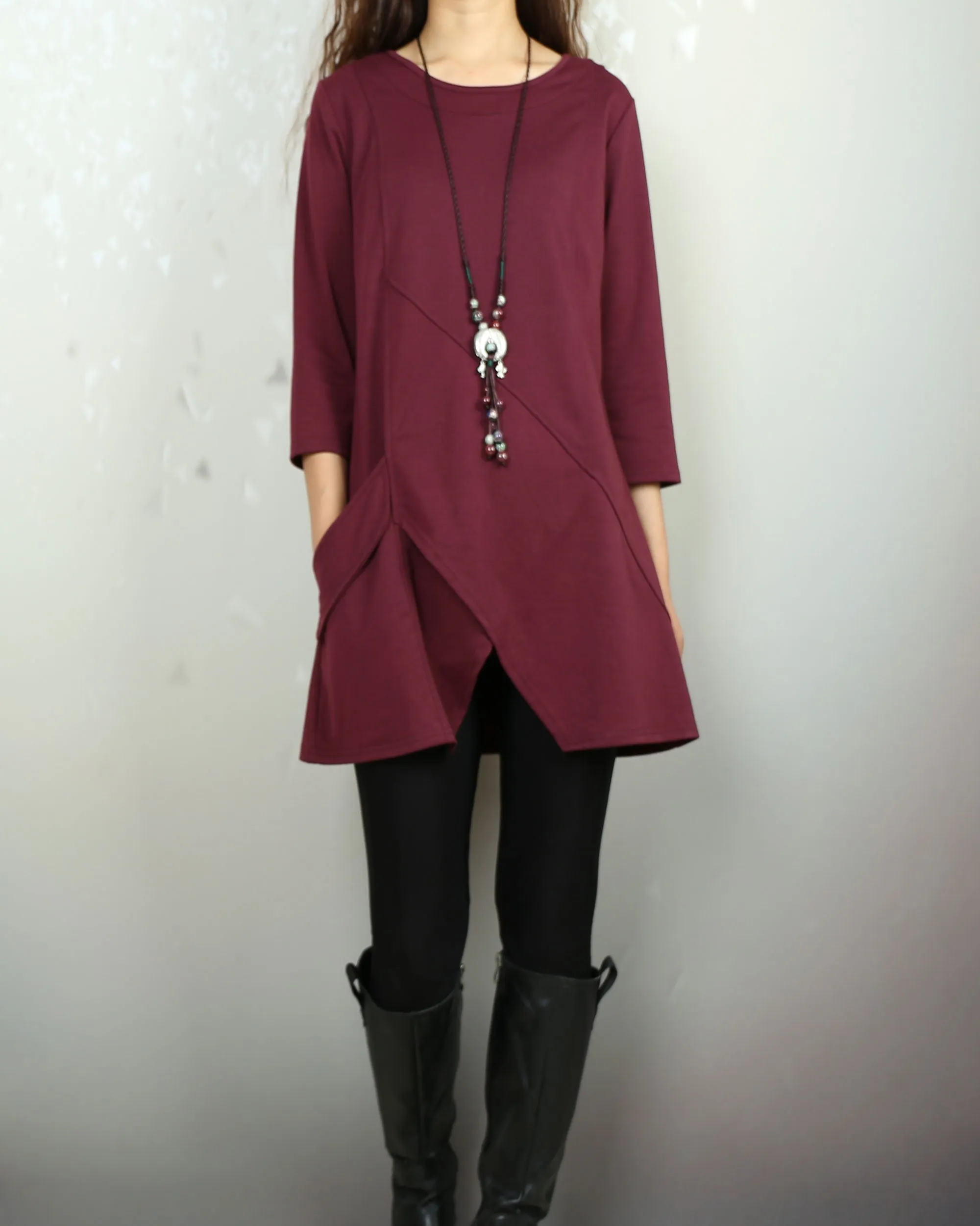 Cotton tops, 3/4 sleeve cotton tunic top, Boho tunic tops, casual loose t-shirt, women's dark blue long tops(Y2008)