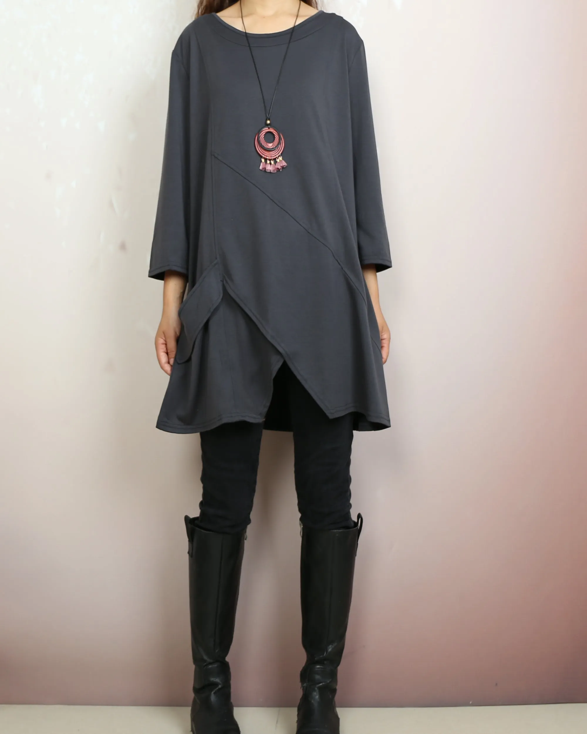 Cotton tops, 3/4 sleeve cotton tunic top, Boho tunic tops, casual loose t-shirt, women's dark blue long tops(Y2008)
