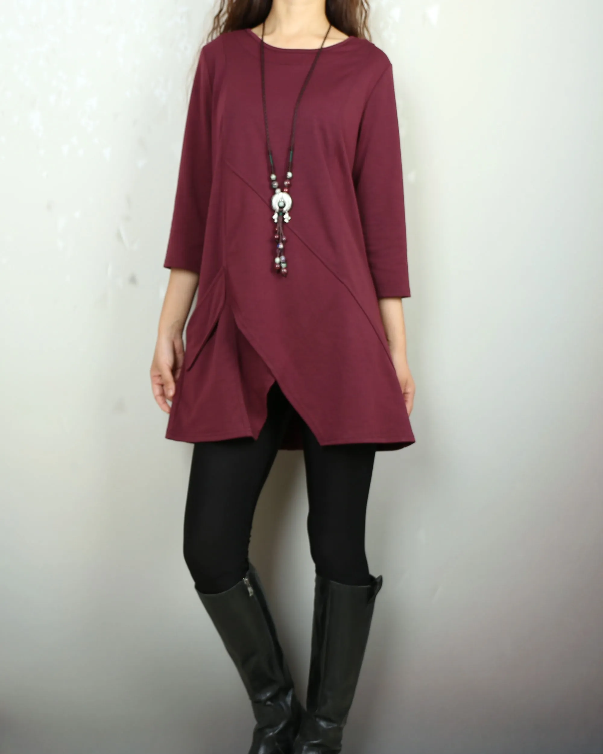 Cotton tops, 3/4 sleeve cotton tunic top, Boho tunic tops, casual loose t-shirt, women's dark blue long tops(Y2008)