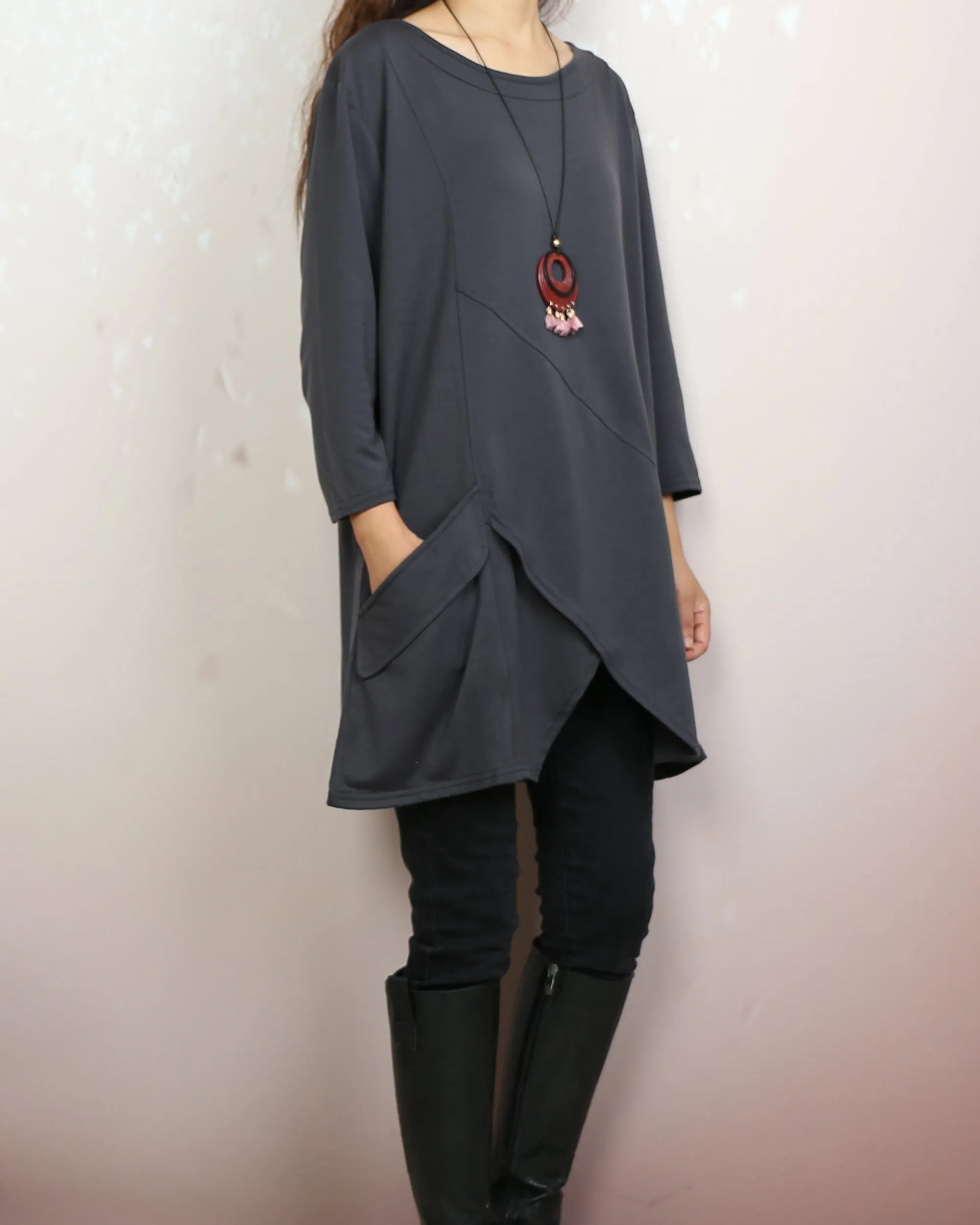 Cotton tops, 3/4 sleeve cotton tunic top, Boho tunic tops, casual loose t-shirt, women's dark blue long tops(Y2008)