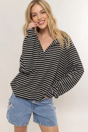 Cozy Up Striped Pullover Top, Black and Cream