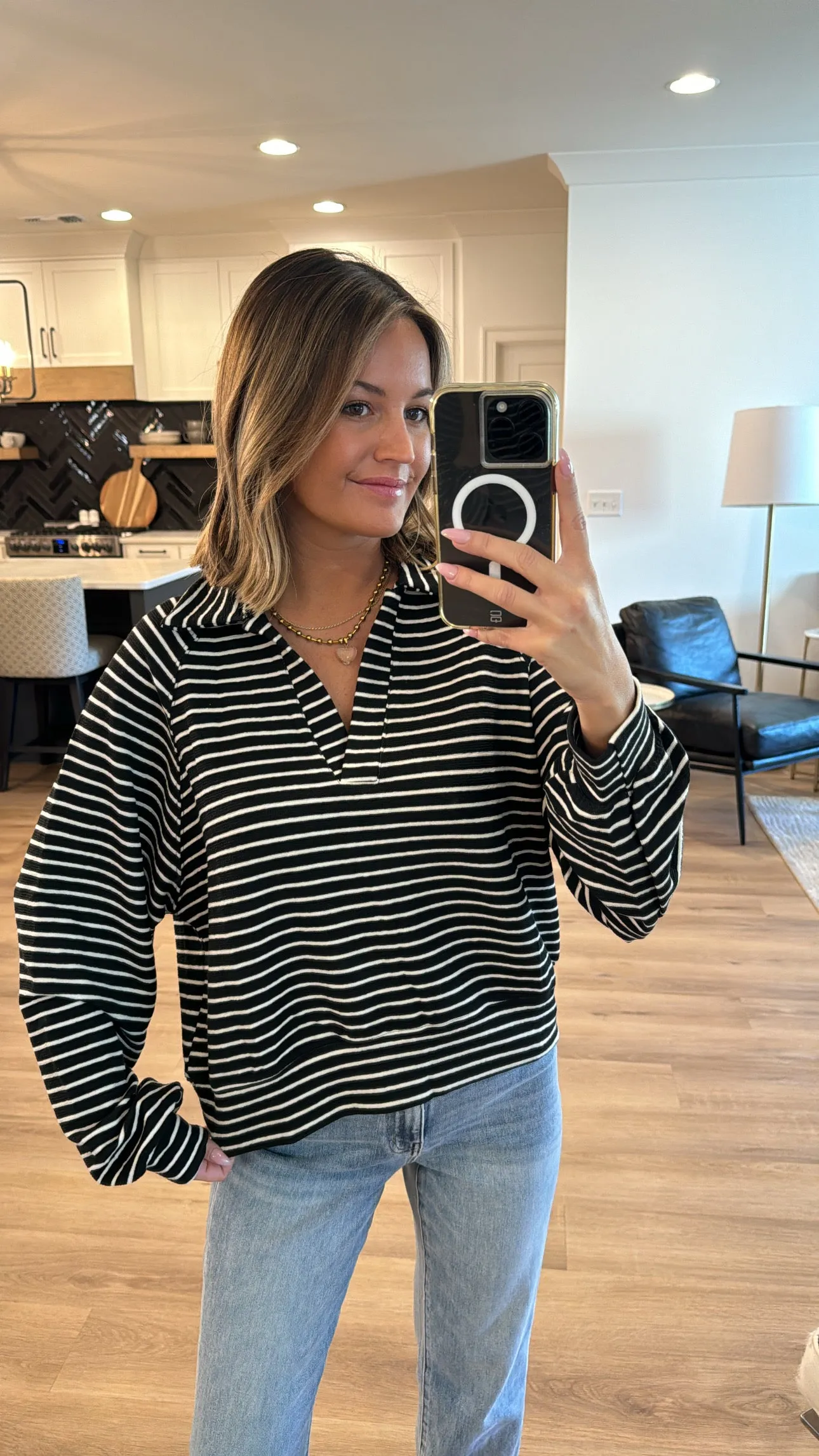 Cozy Up Striped Pullover Top, Black and Cream