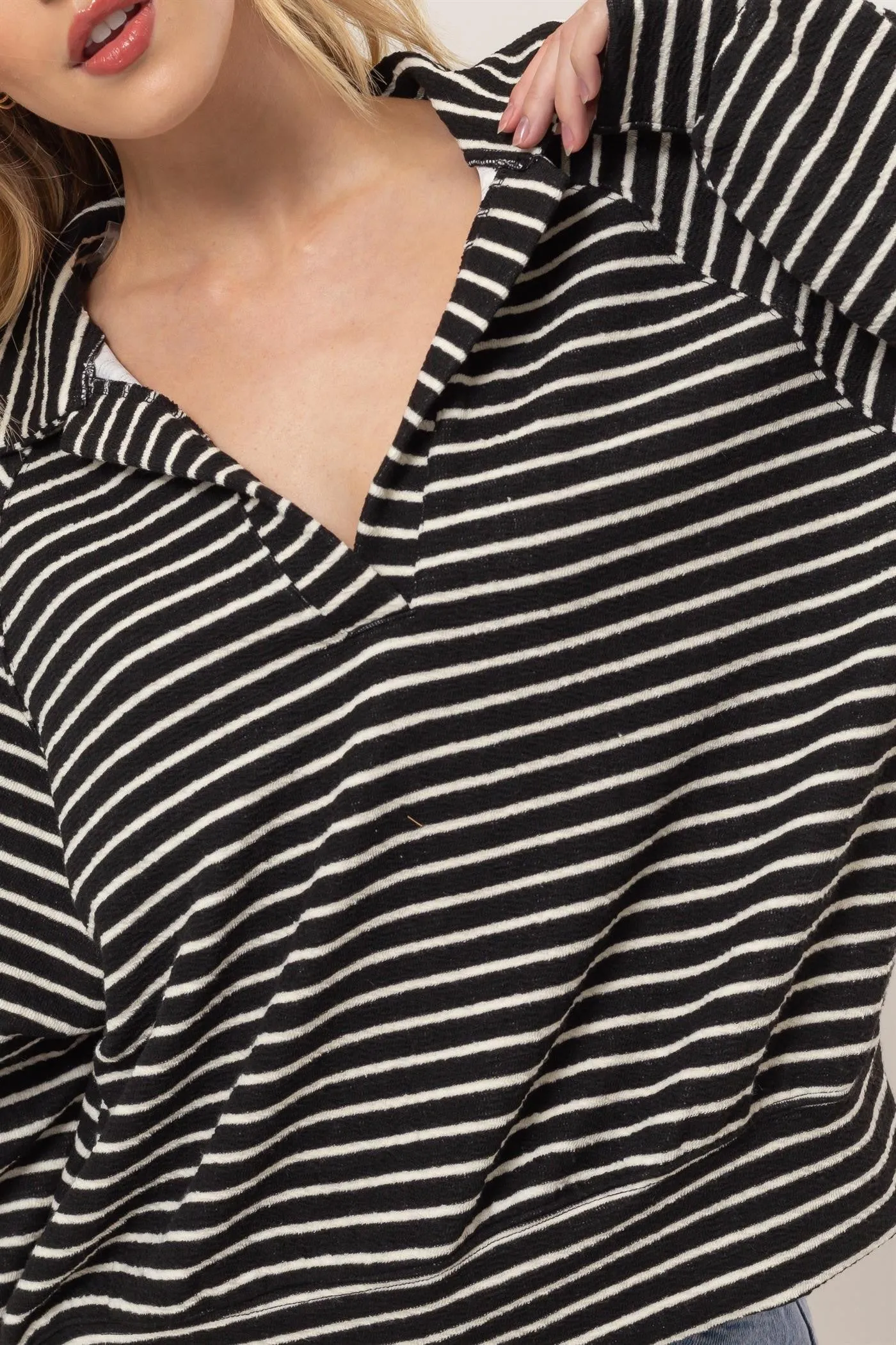 Cozy Up Striped Pullover Top, Black and Cream