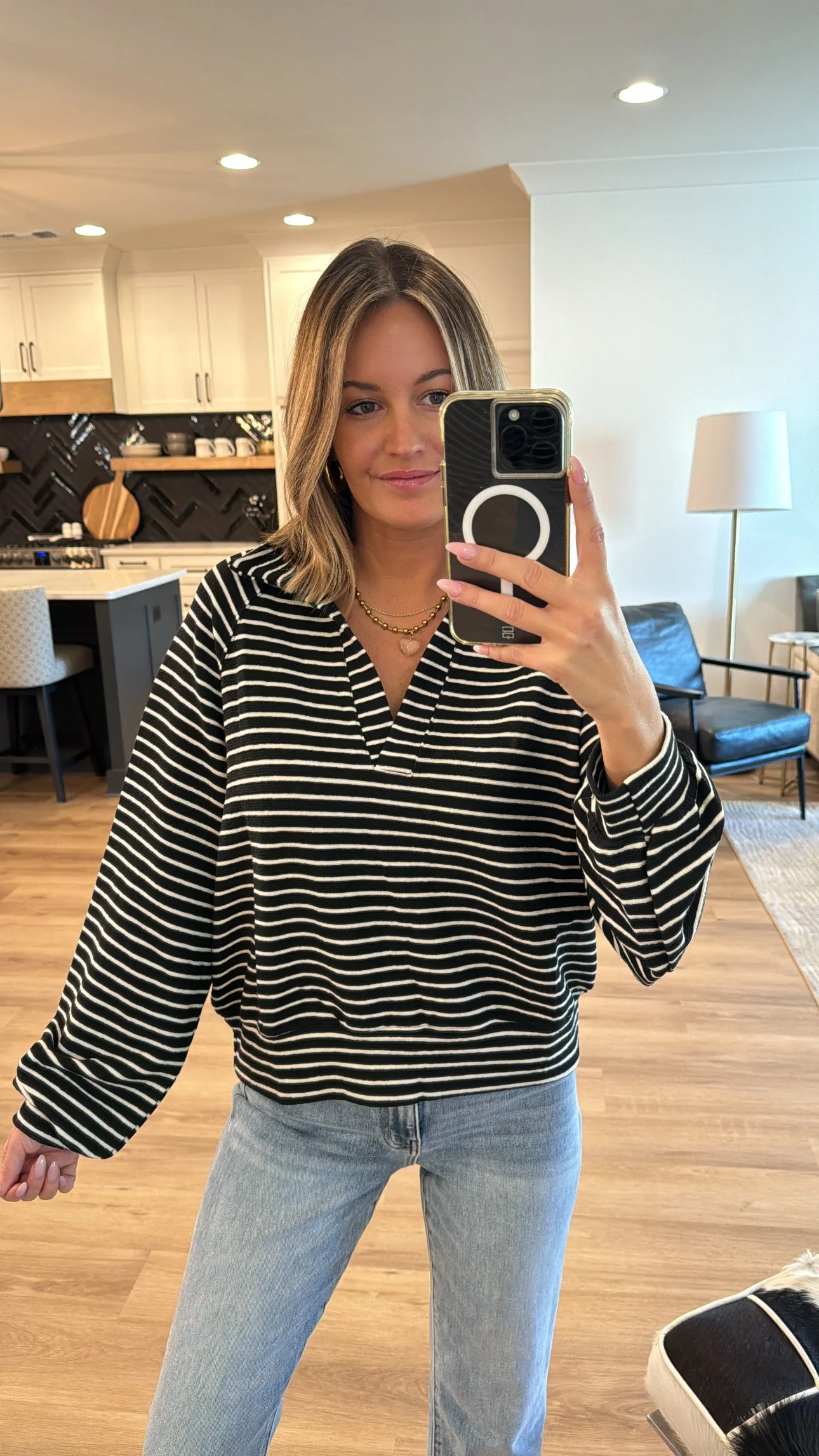 Cozy Up Striped Pullover Top, Black and Cream