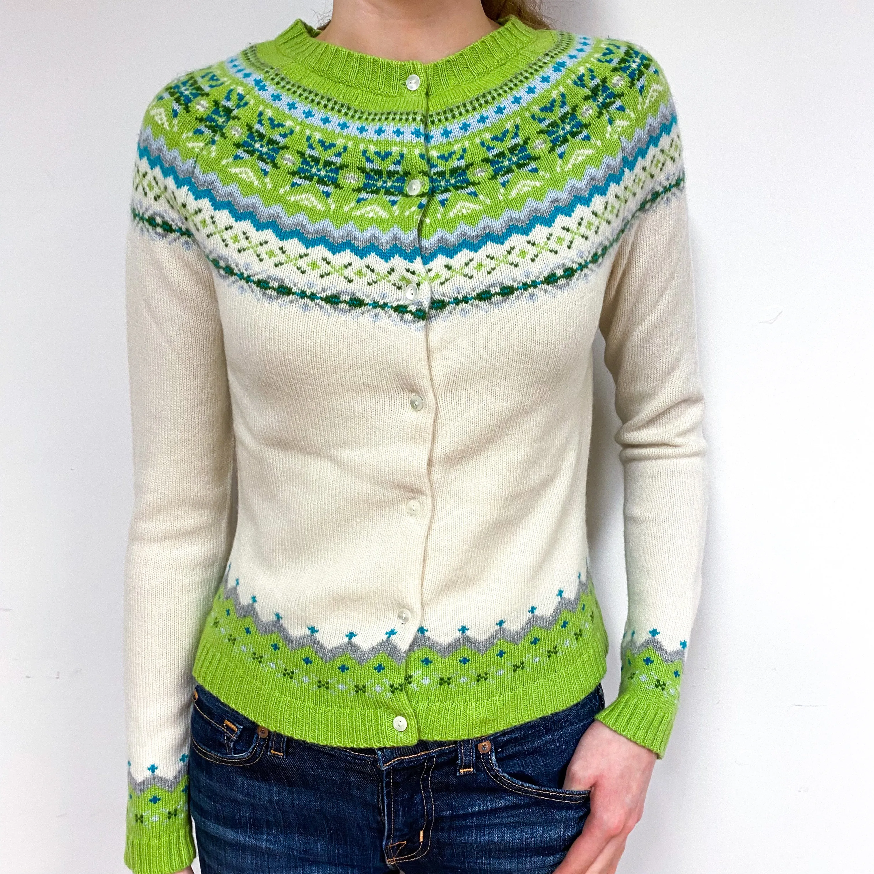 Cream and Green Cashmere Fair Isle Cardigan Extra Small