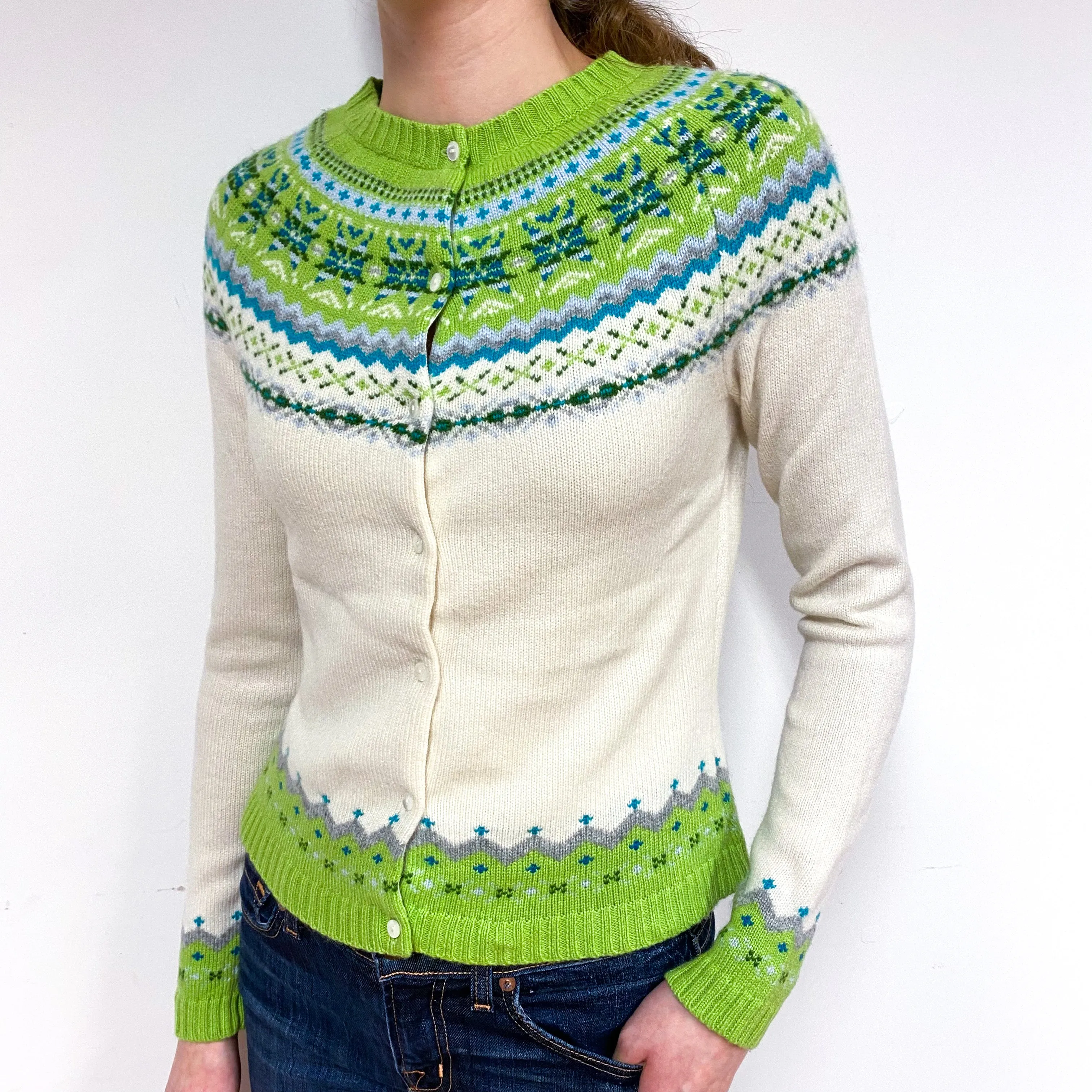 Cream and Green Cashmere Fair Isle Cardigan Extra Small