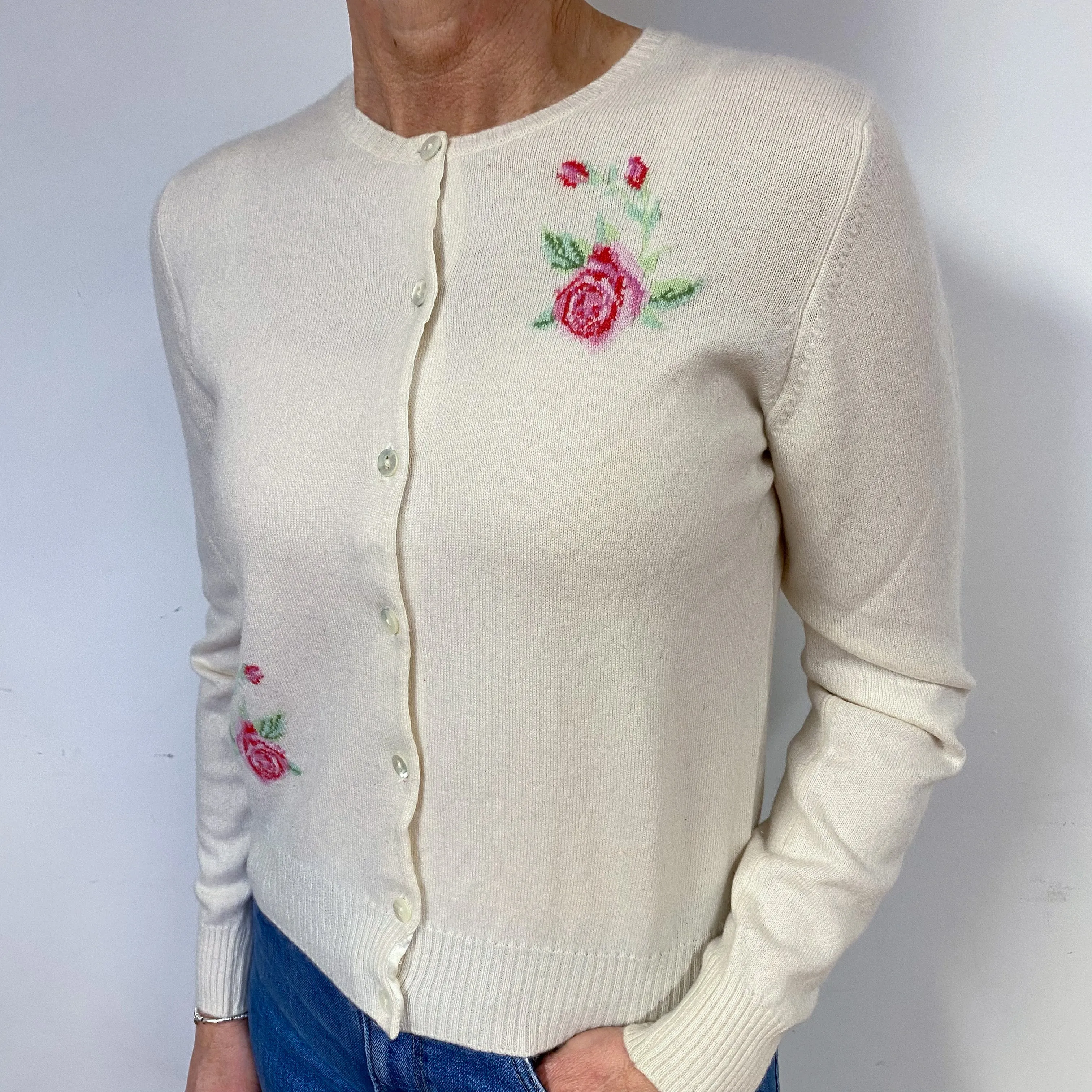 Cream Floral Cashmere Crew Neck Cardigan Medium