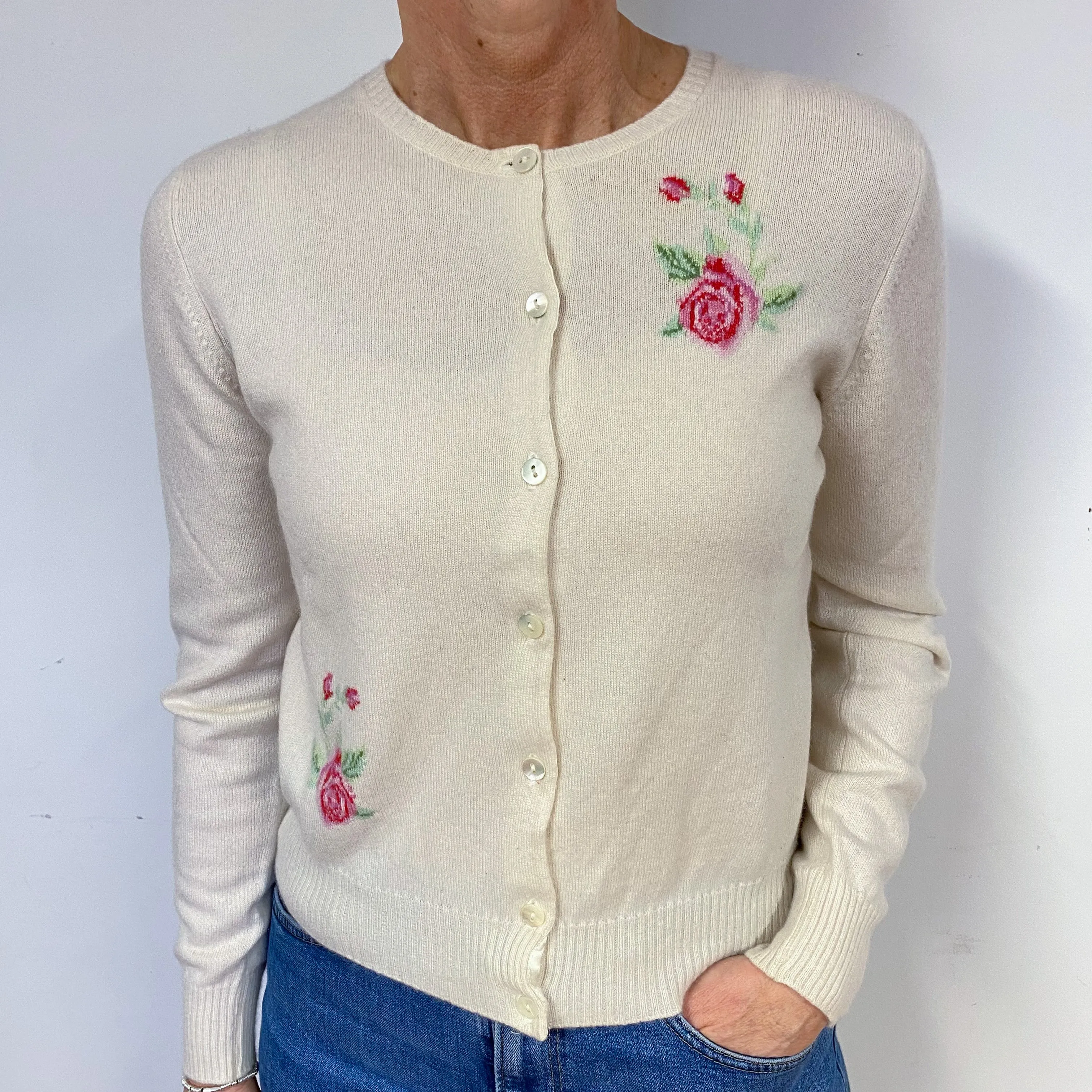 Cream Floral Cashmere Crew Neck Cardigan Medium
