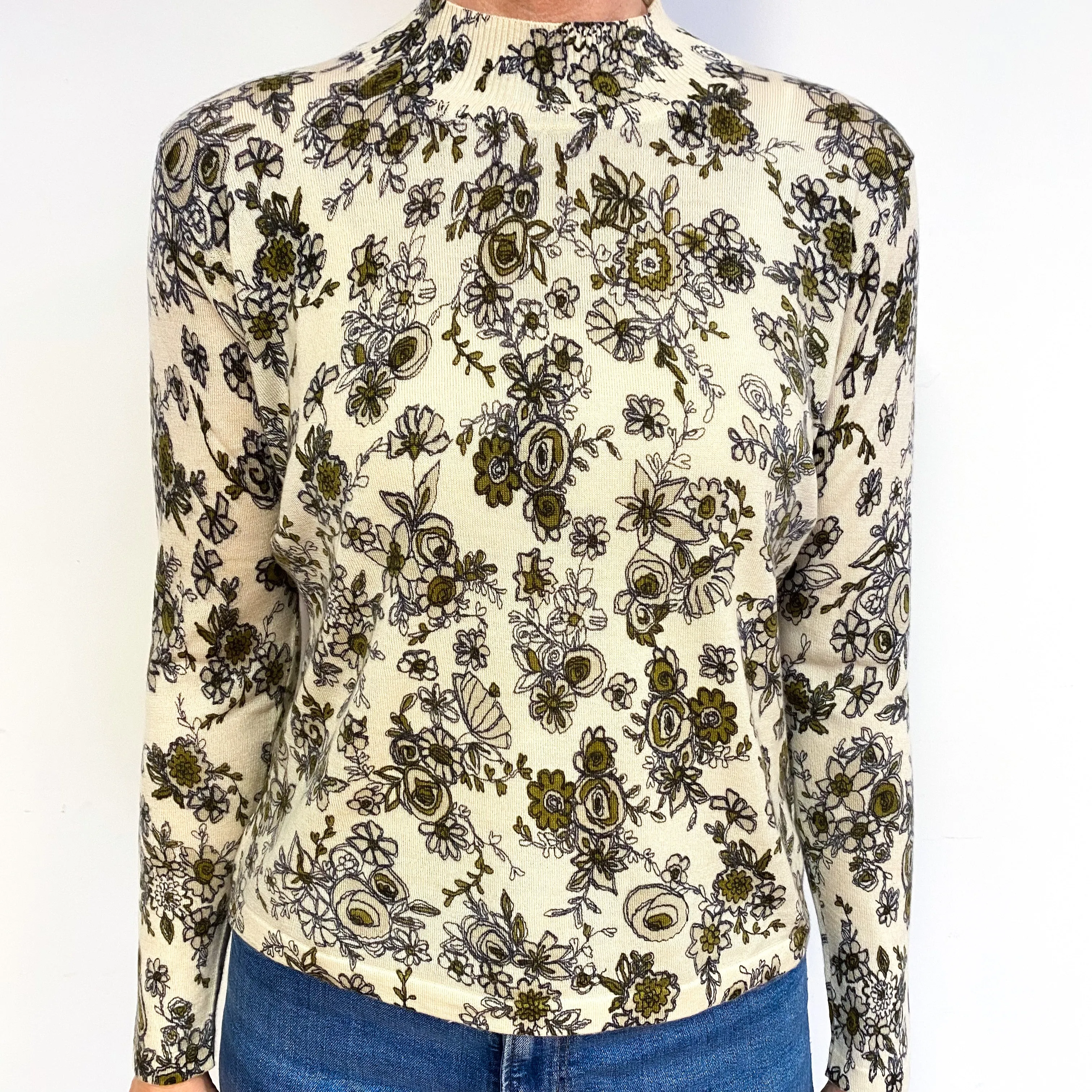 Cream Floral Fine Knit Cashmere Turtle Neck Jumper Medium