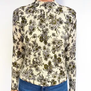 Cream Floral Fine Knit Cashmere Turtle Neck Jumper Medium