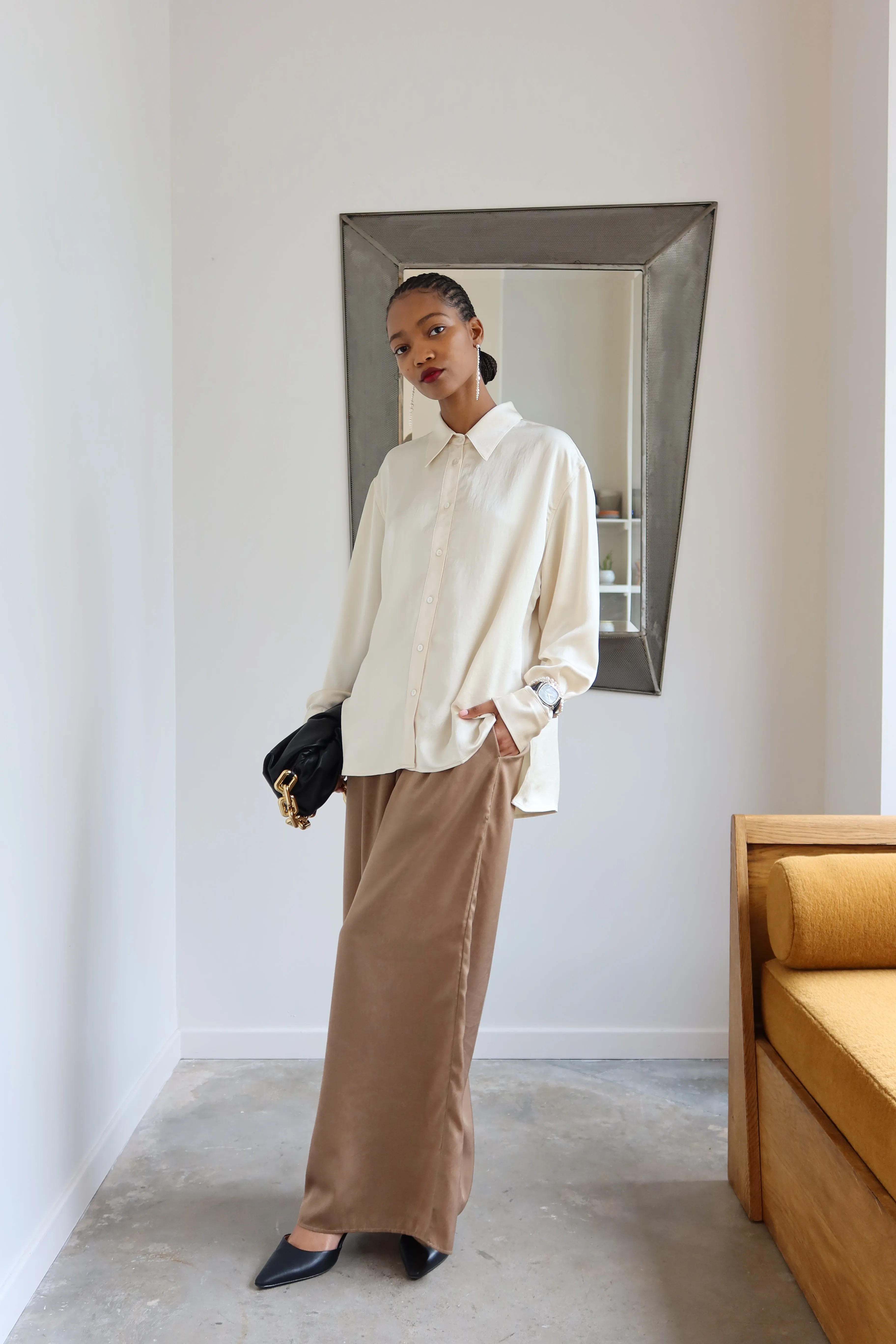 Cream Oversized Satin Shirt