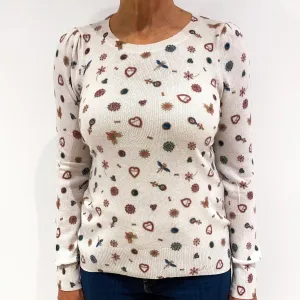 Cream Patterned Cashmere Crew Neck Jumper Medium