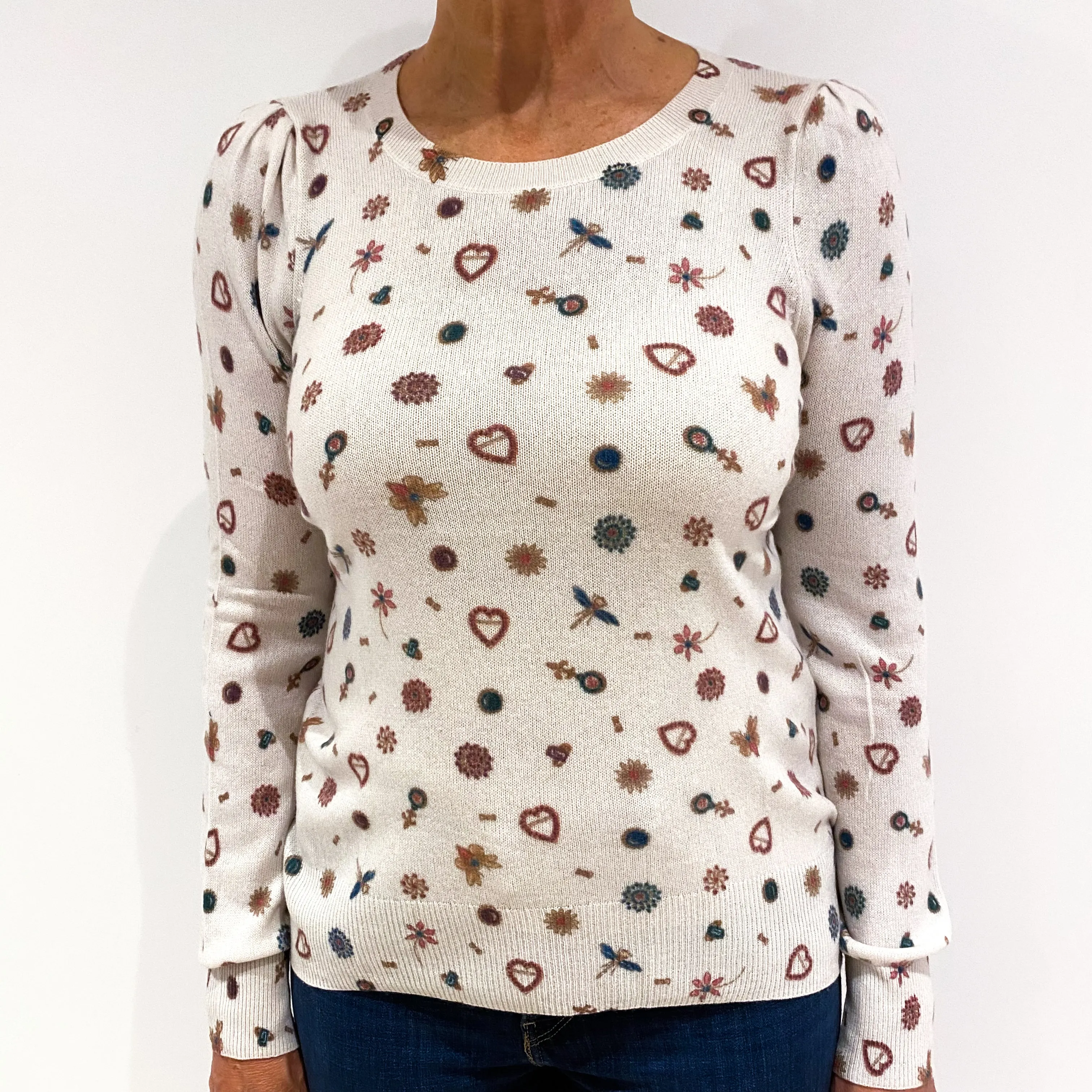 Cream Patterned Cashmere Crew Neck Jumper Medium