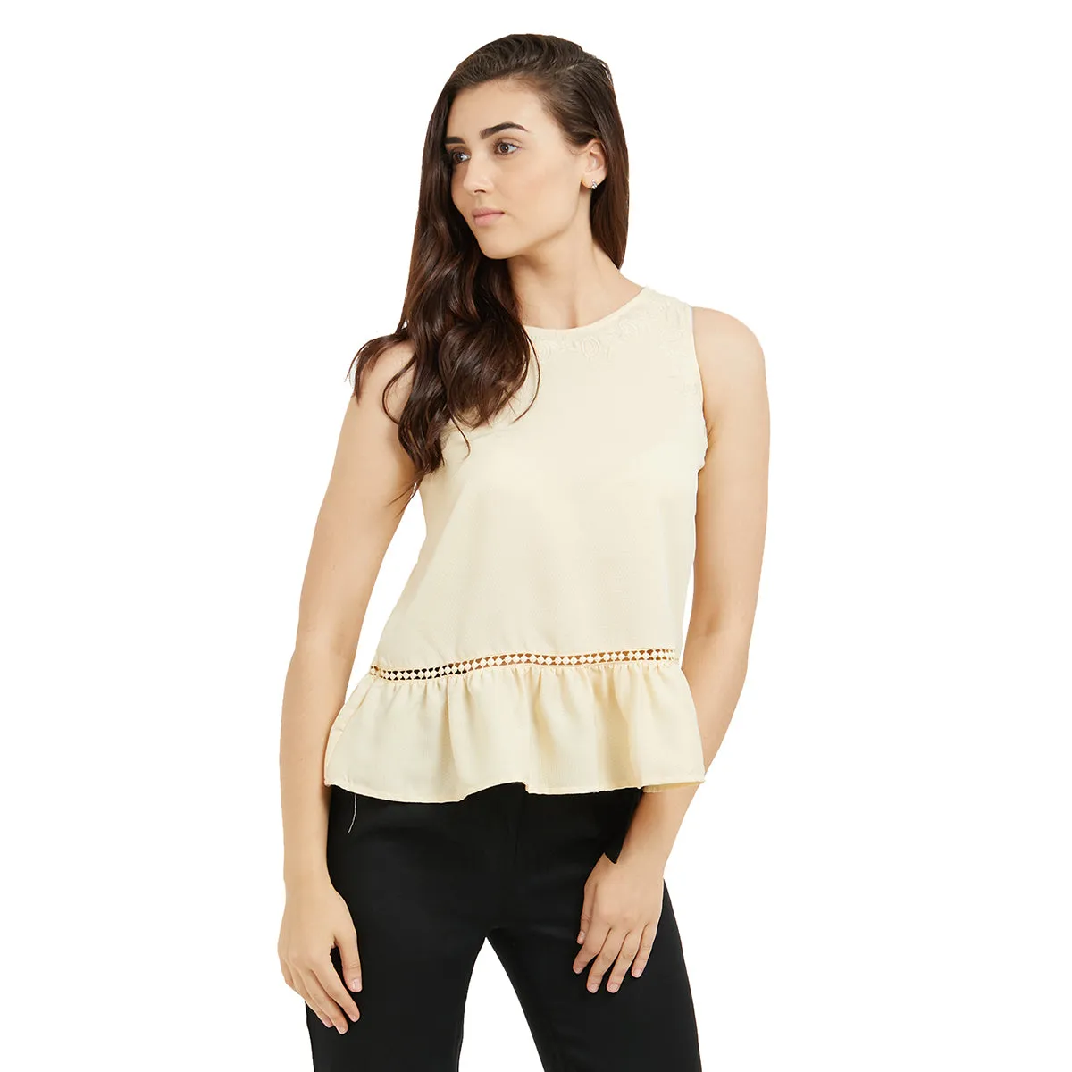Cream Round Neck Embroidered Peplum Top