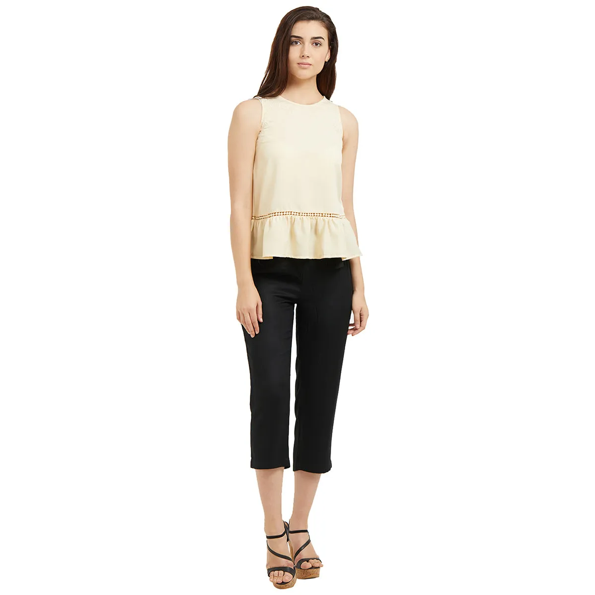Cream Round Neck Embroidered Peplum Top