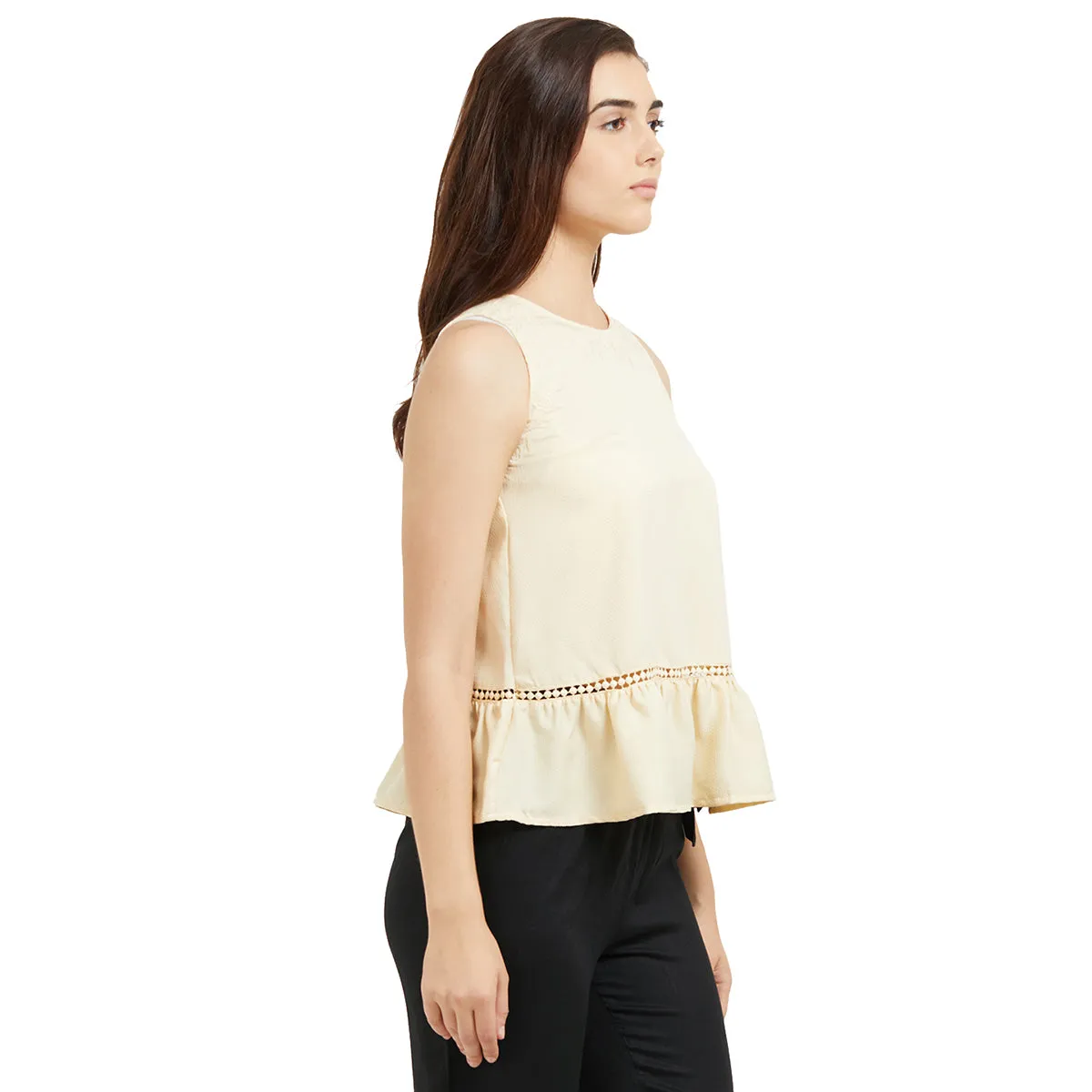 Cream Round Neck Embroidered Peplum Top