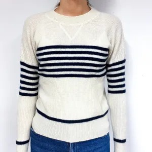 Cream Stripe Cashmere Waffle Crew Neck Jumper Extra Small