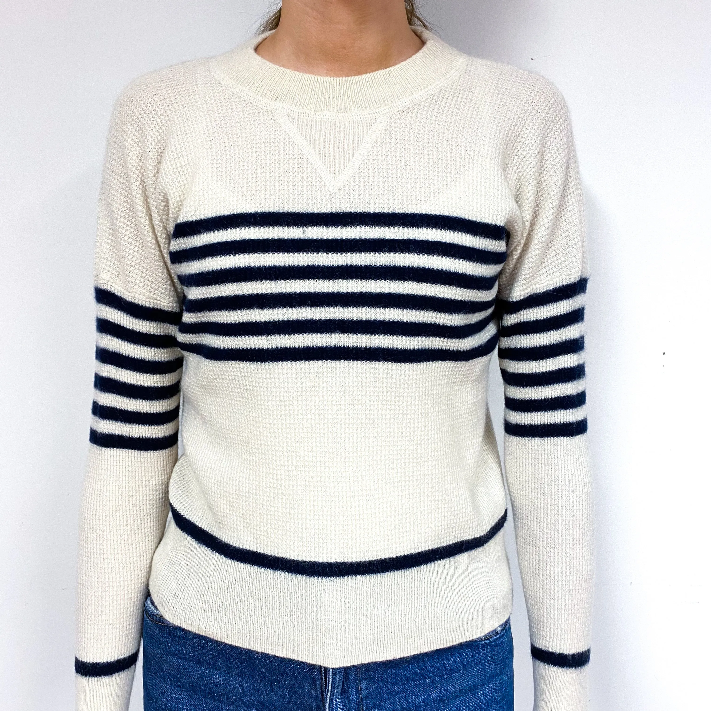 Cream Stripe Cashmere Waffle Crew Neck Jumper Extra Small