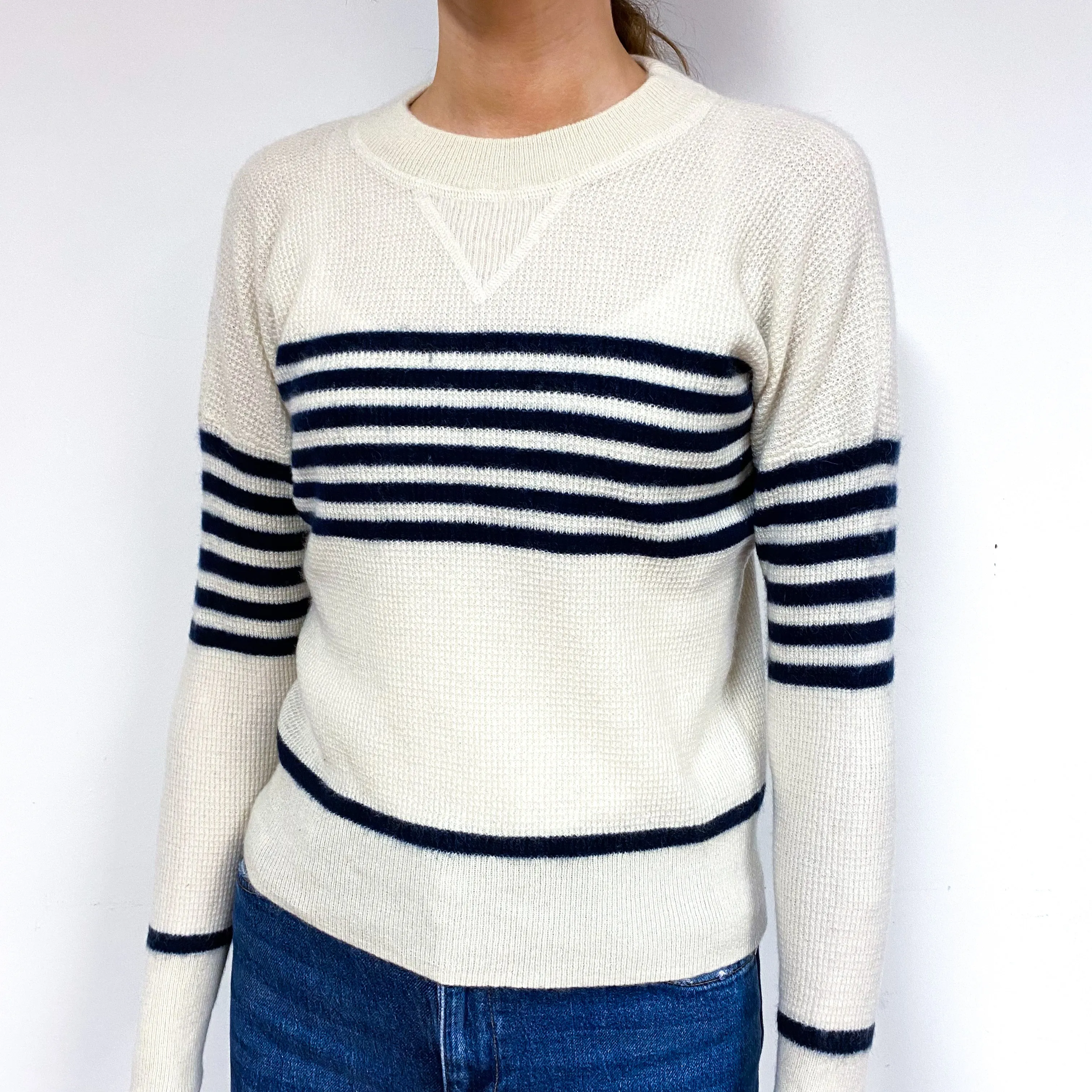 Cream Stripe Cashmere Waffle Crew Neck Jumper Extra Small