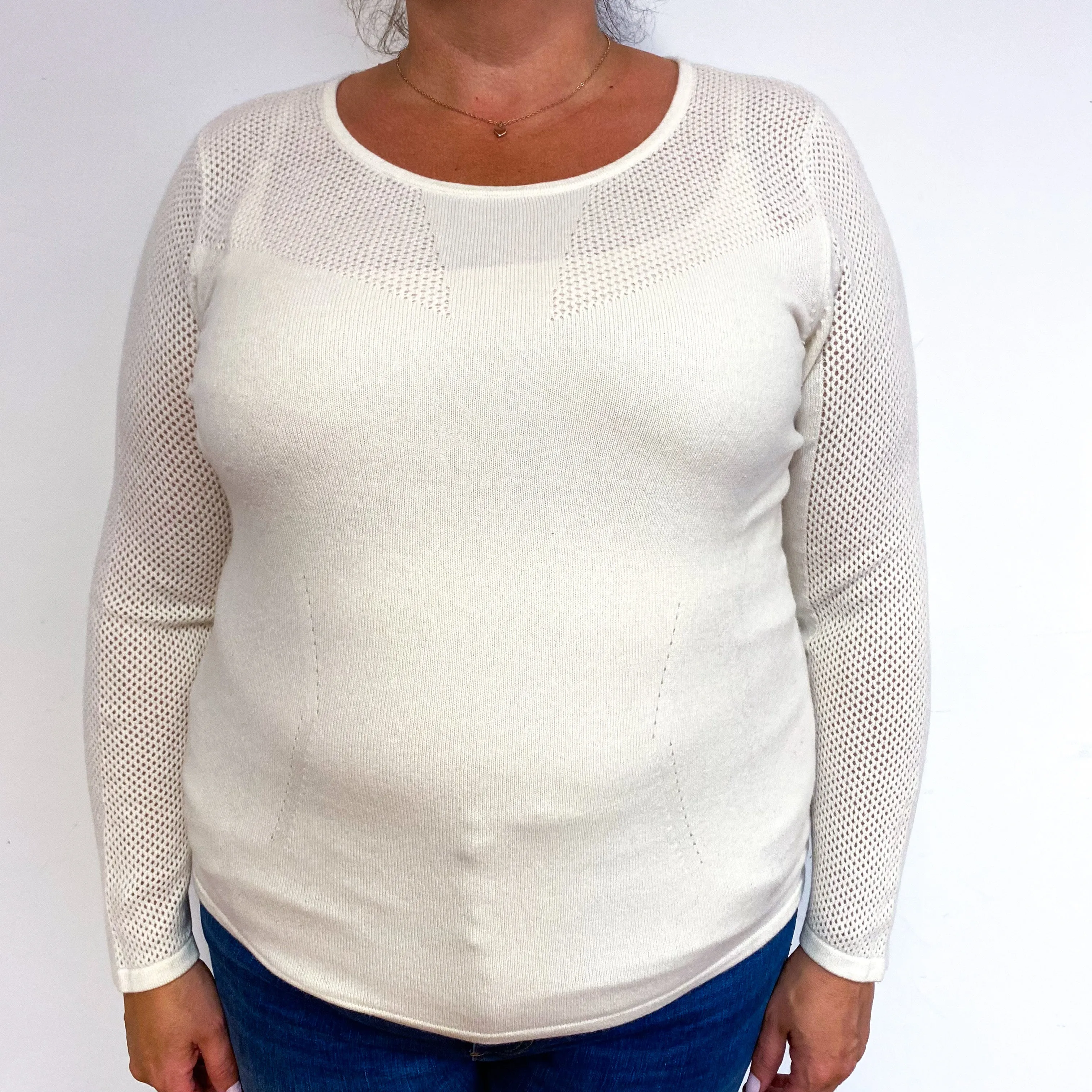 Cream Waffle Sleeve Cashmere Crew Neck Jumper Extra Large