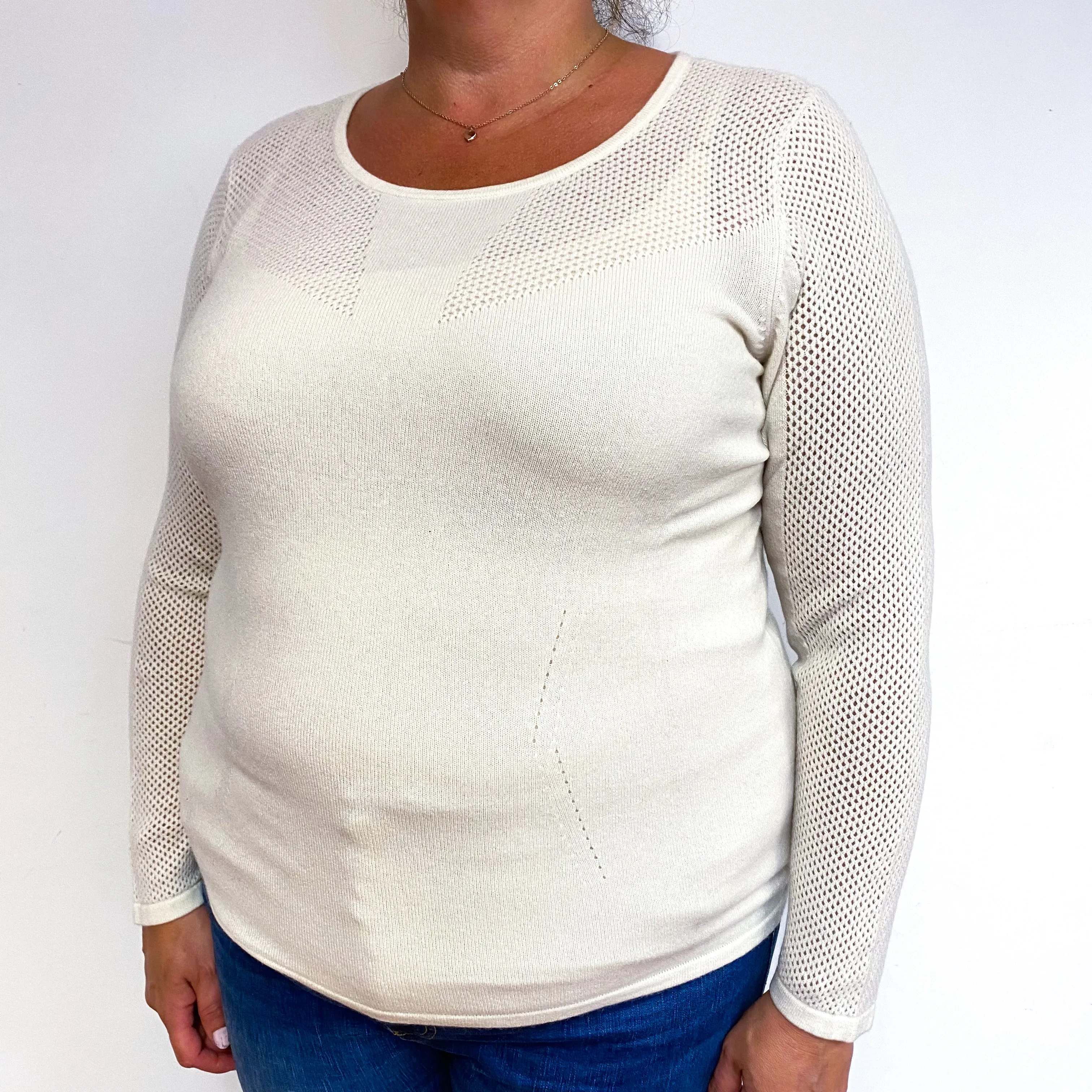 Cream Waffle Sleeve Cashmere Crew Neck Jumper Extra Large