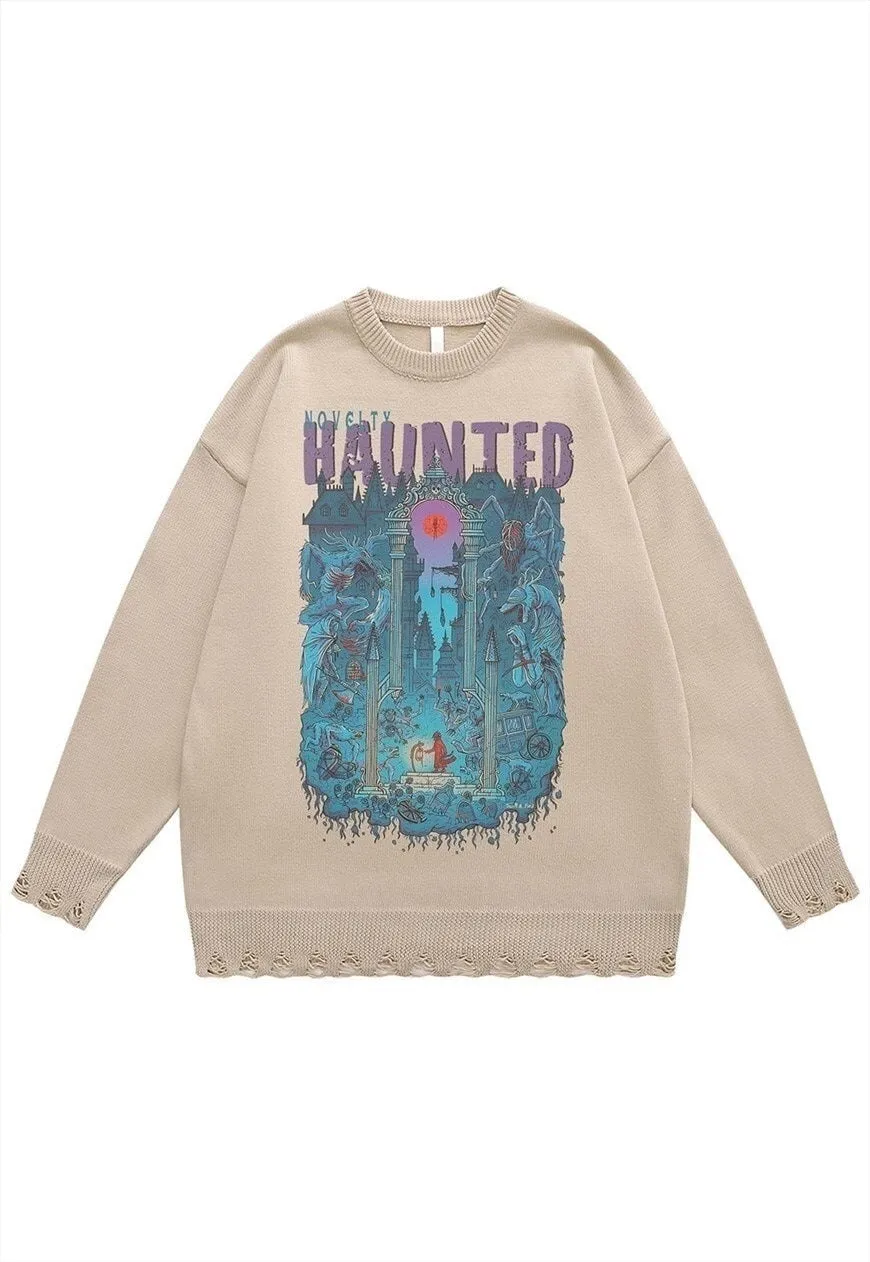 Creepy sweater haunted jumper ripped knitted top in beige