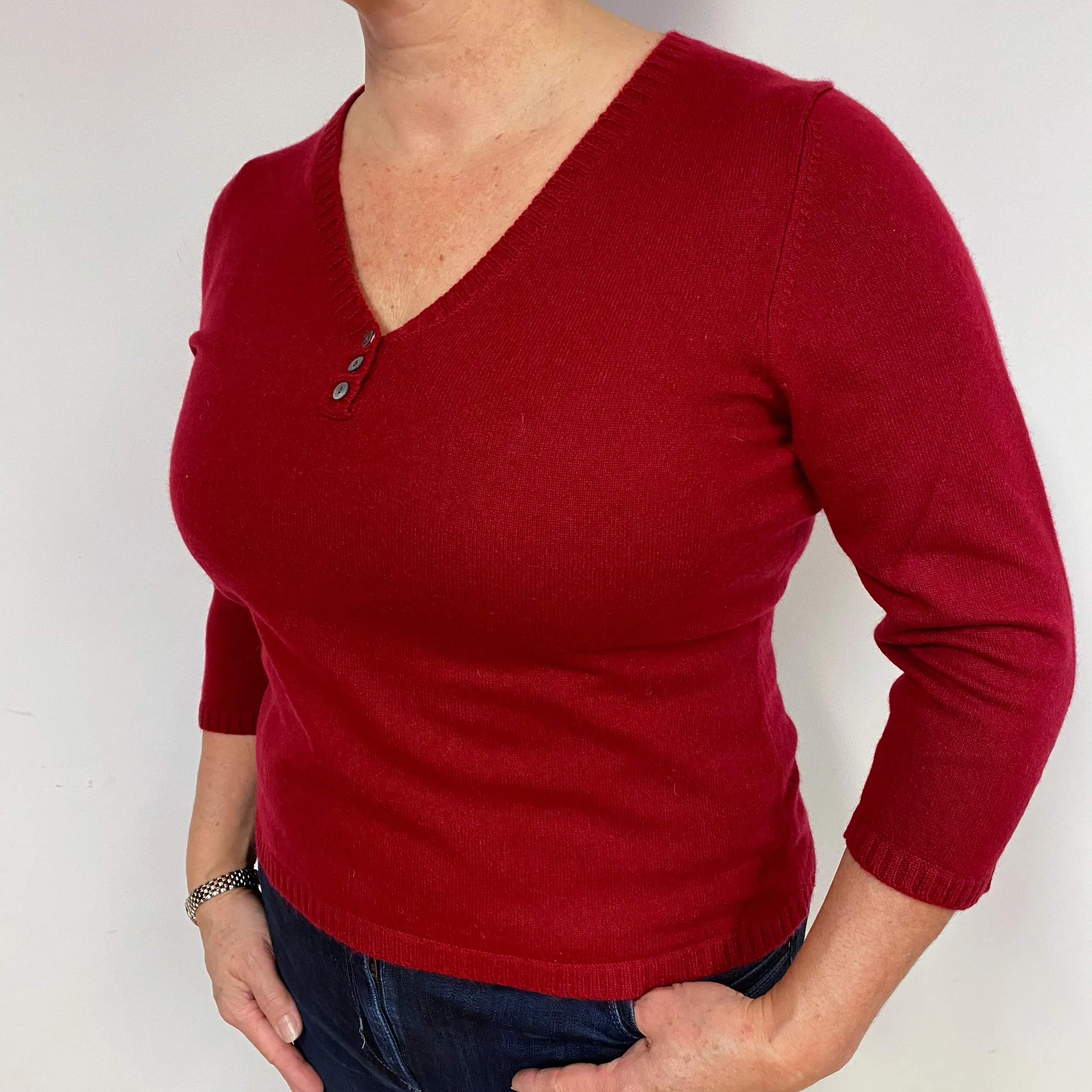 Crimson Red Buttoned Cashmere V-Neck Jumper Large
