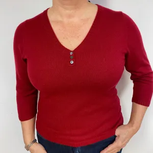 Crimson Red Buttoned Cashmere V-Neck Jumper Large