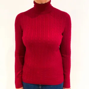 Crimson Red Cable Cashmere Polo Neck Jumper Medium