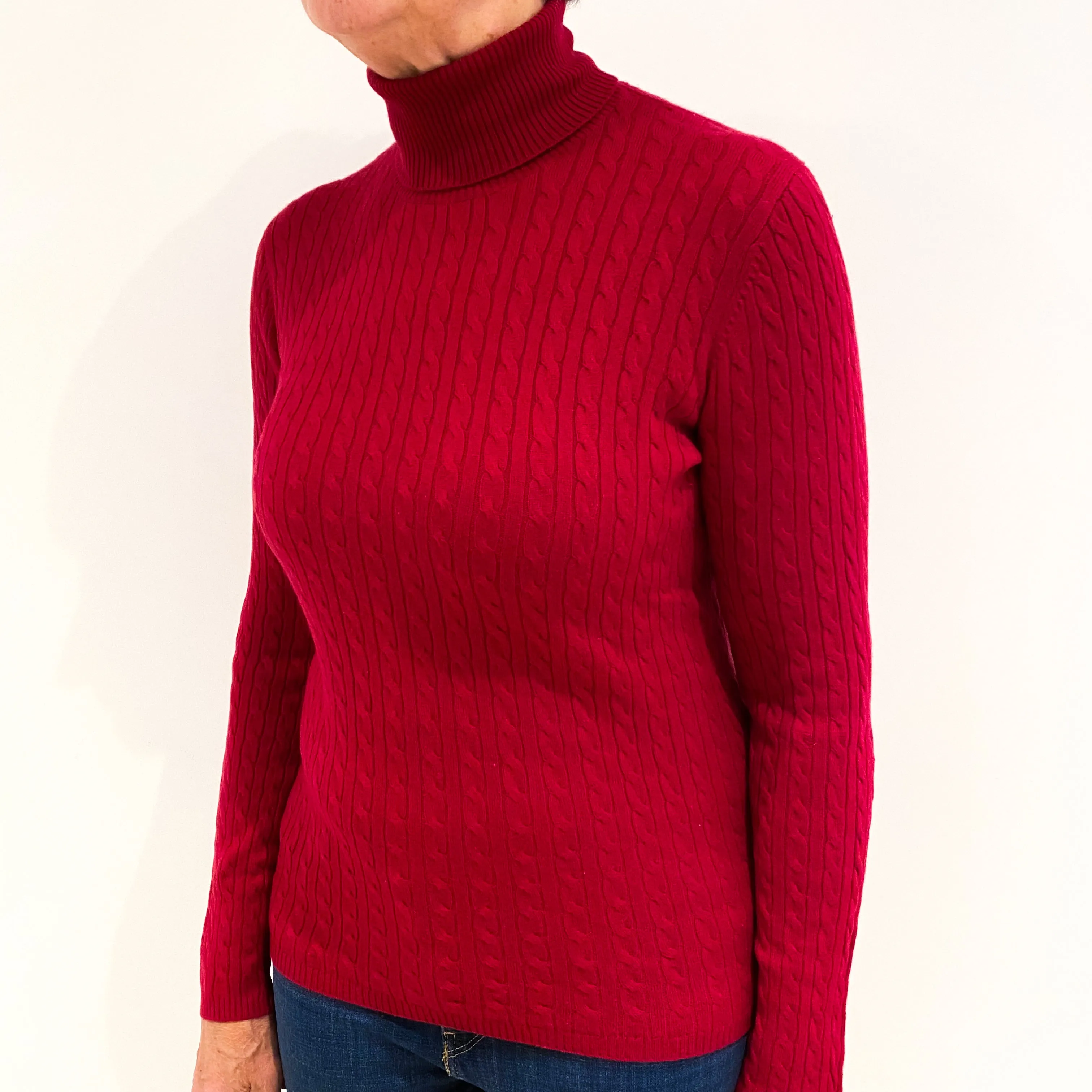 Crimson Red Cable Cashmere Polo Neck Jumper Medium