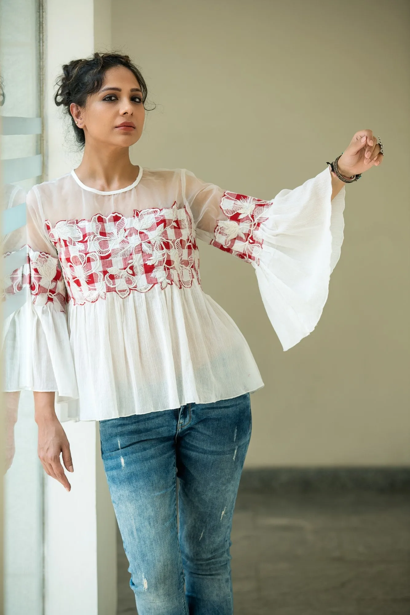 Crinkled Embroidered Top