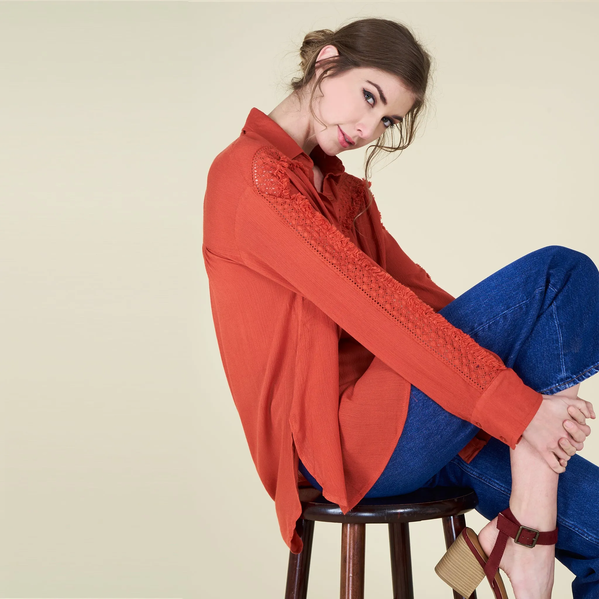 Crochet Trim Button Up Shirt