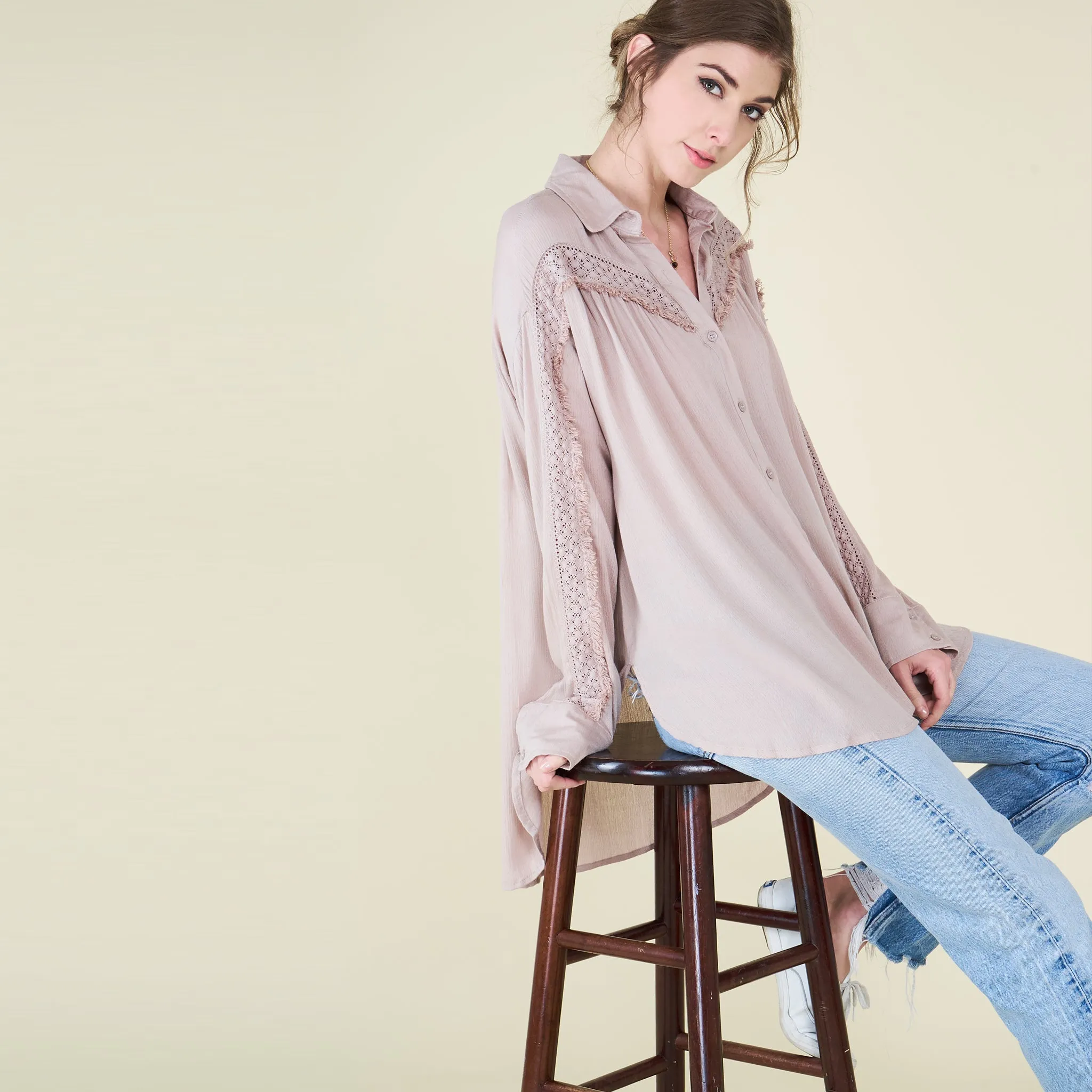 Crochet Trim Button Up Shirt