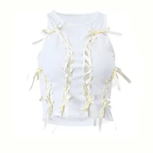Cross Ribbon Sleeveless White Tank Crop Top