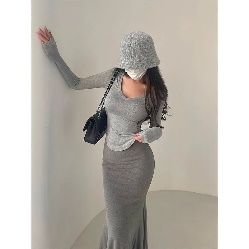 Daisy Solid Color Curved Hem Long-sleeved Slim Top