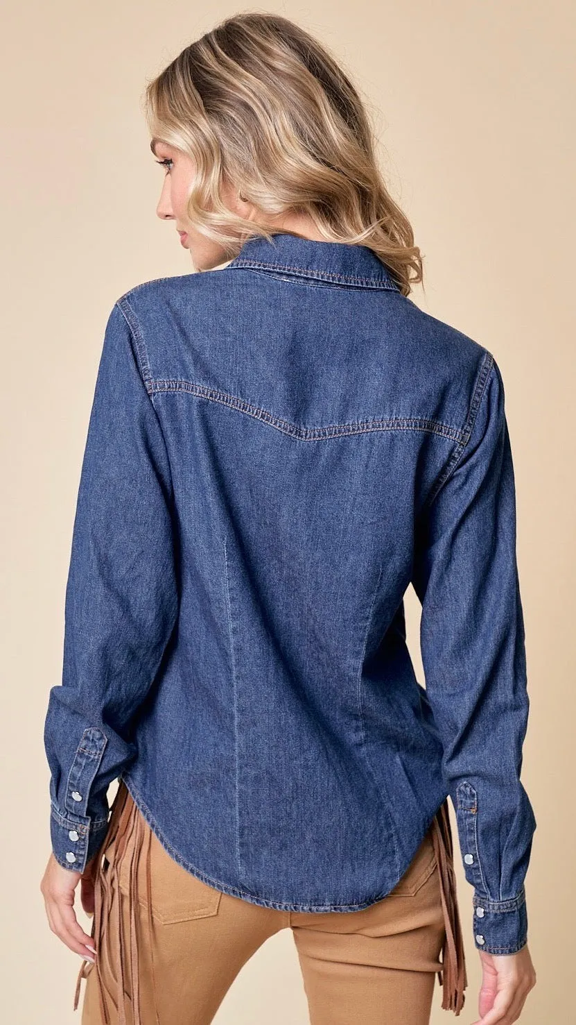 Dakota Snap Button Chambray Shirt Mid Denim