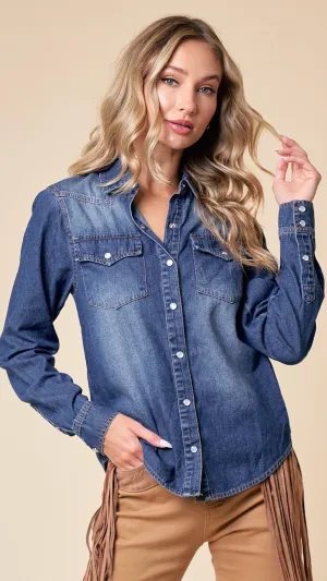 Dakota Snap Button Chambray Shirt Mid Denim