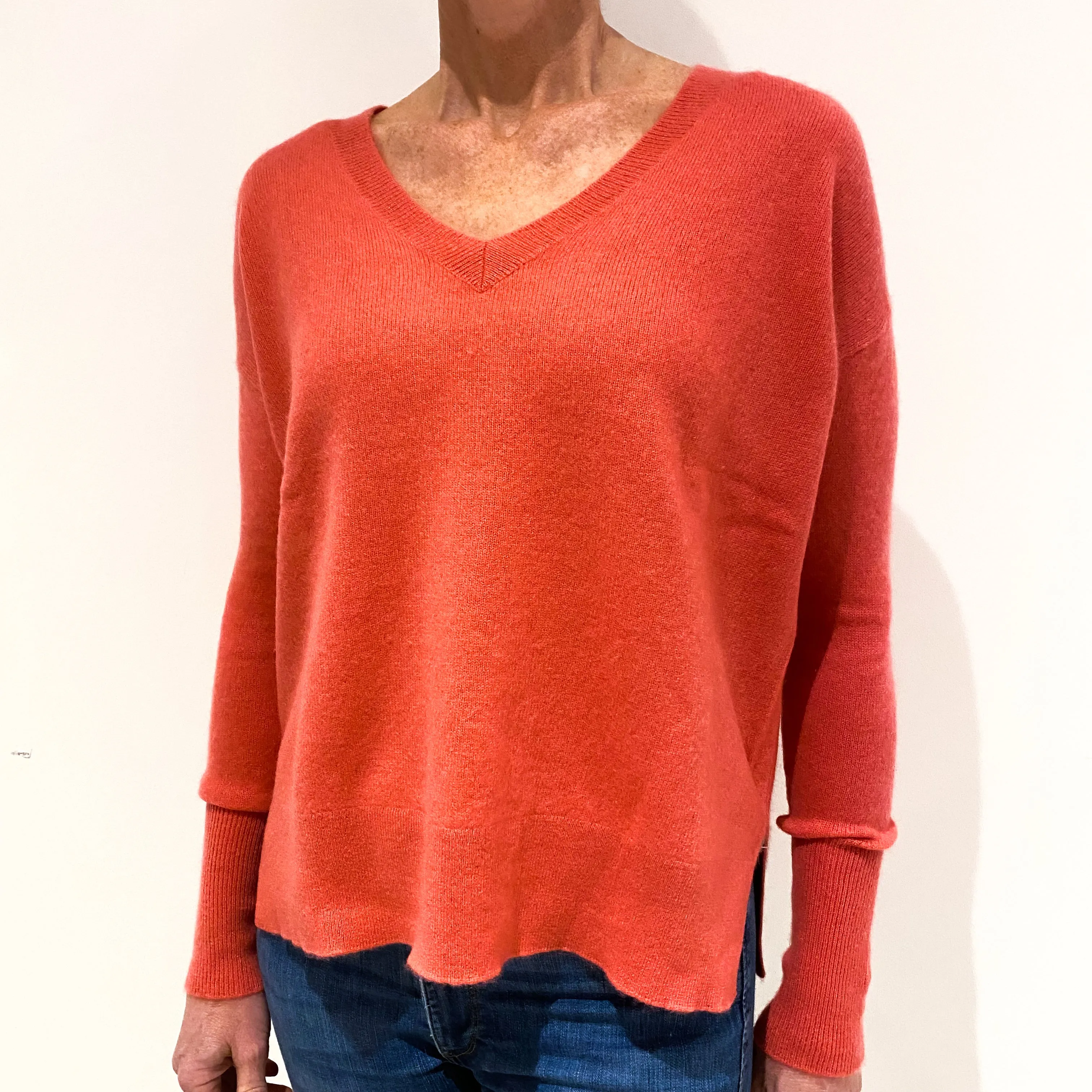 Dark Coral Pink Cashmere V-Neck Jumper Small